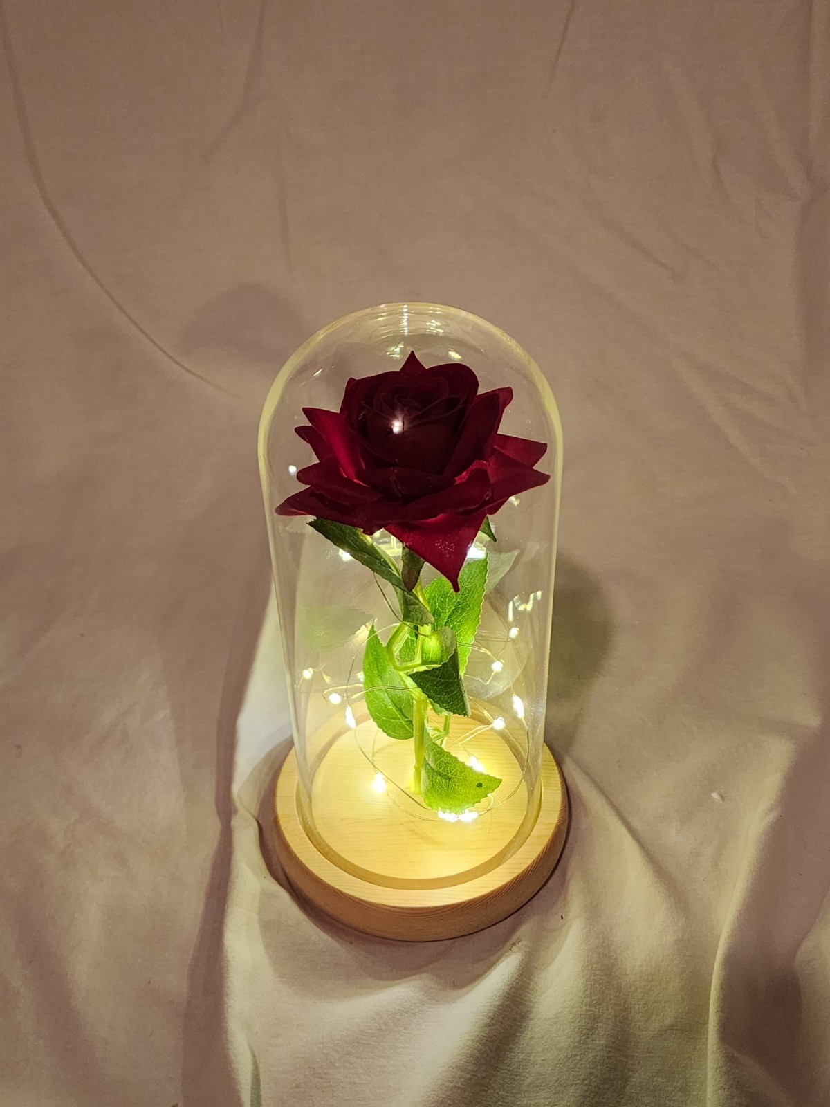 Beauty and the Beast Artificial Red Rose Glass Dome LED Lights Wood Base