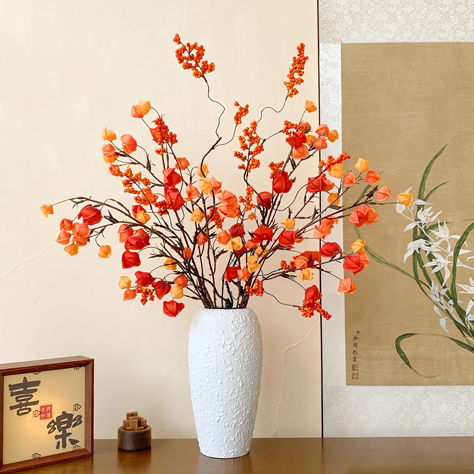 4pcs Artificial Chinese Lantern Flowers 29″ Fake Orange Silk Winter Cherry St…
