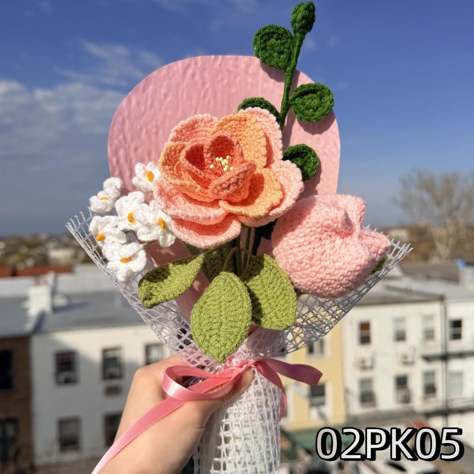 Pink Crochet Flower Bouquet Handmade Birthday Gift for Mom Keepsake Flowers