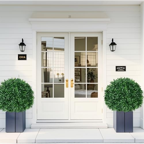 2Pack Artificial Topiary Ball Trees, 16” UV Resistant Fake Evergreen Boxwood