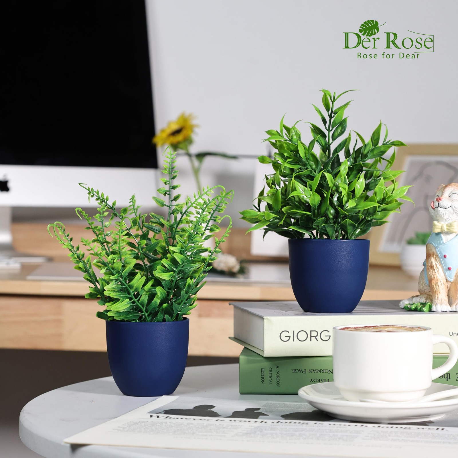 Der Rose 4 Pack Fake Plants Small Artificial Plants in Blue Pots Faux Plants