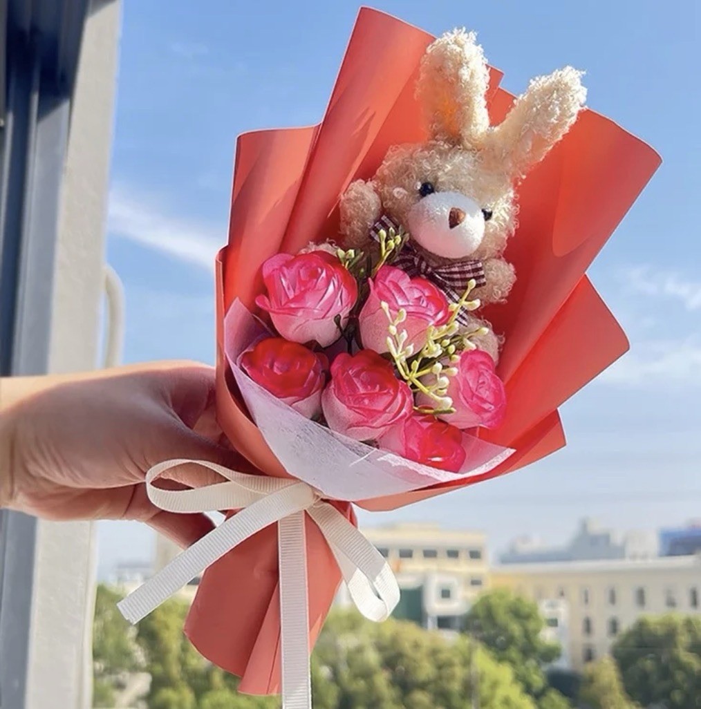 Bunny Bouquet,Stuffed Animal with Artificial Rose Flower Bouquet- Peach NEW