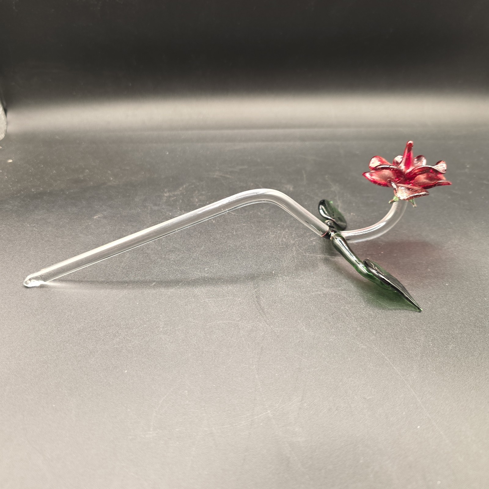 Glass Long Stem Red Rose with Green Leaves 10″ Applied Blown