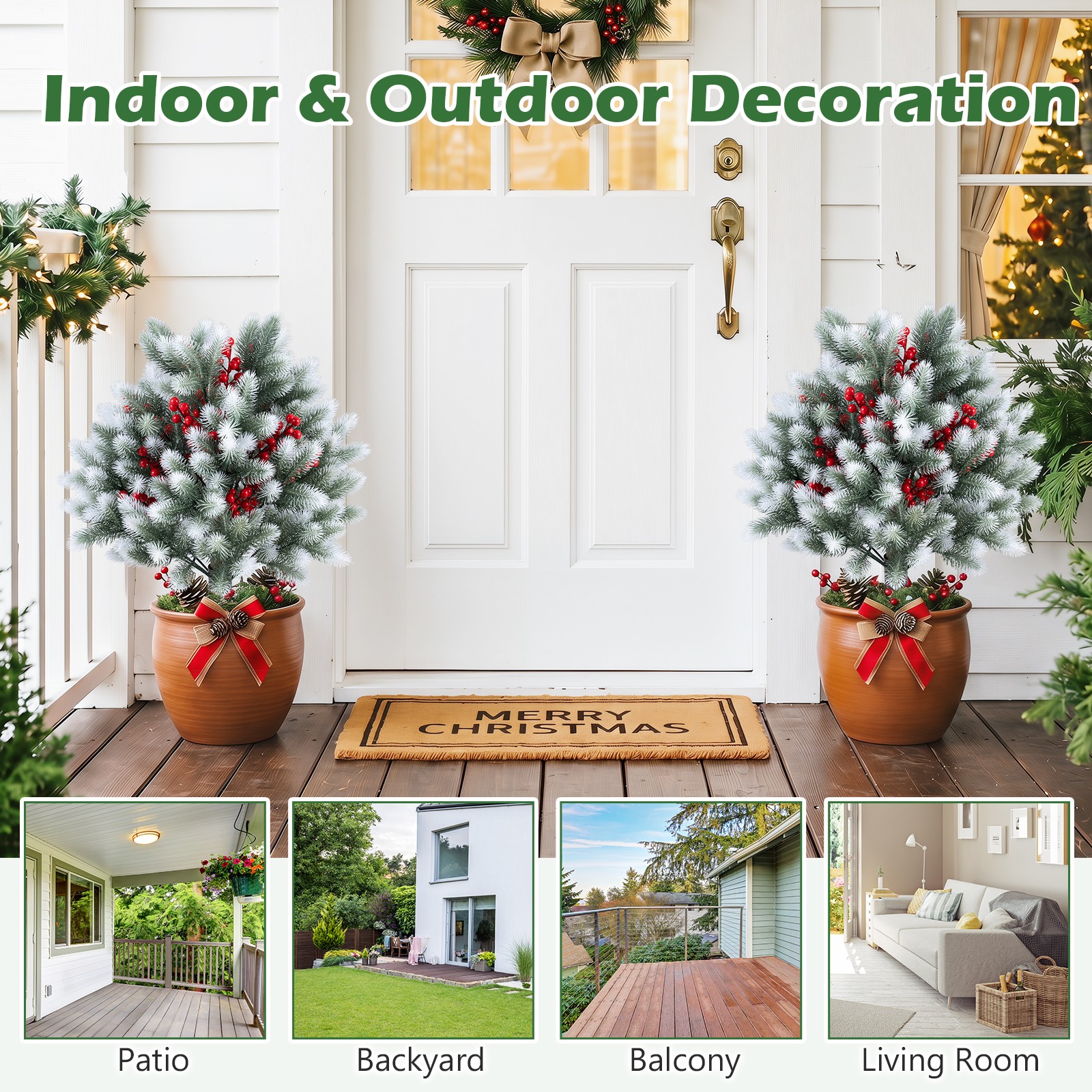2PCS 27.5″ Artificial Cedar Topiary Ball Trees w/Ground Spikes, Indoor & Outdoor