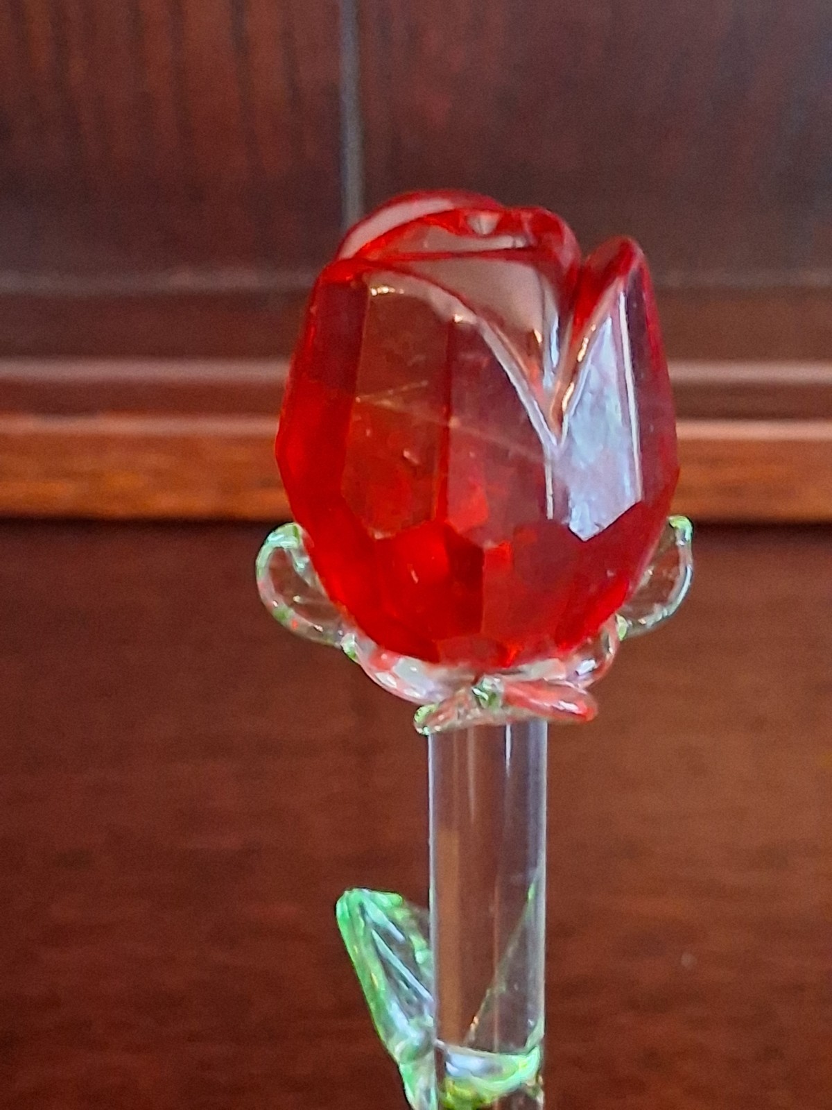 Painted Rosebud With Leaves And Clear Stem And Round Base About 5 Inches Tall