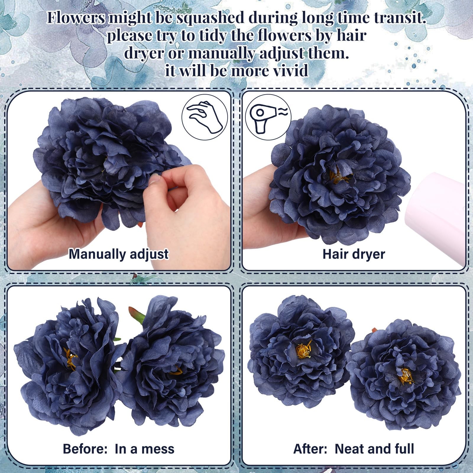 Artificial Peonies Flowers 5.5 Inch 50 PCS Ink Blue Silk Wire Branch Bouquets