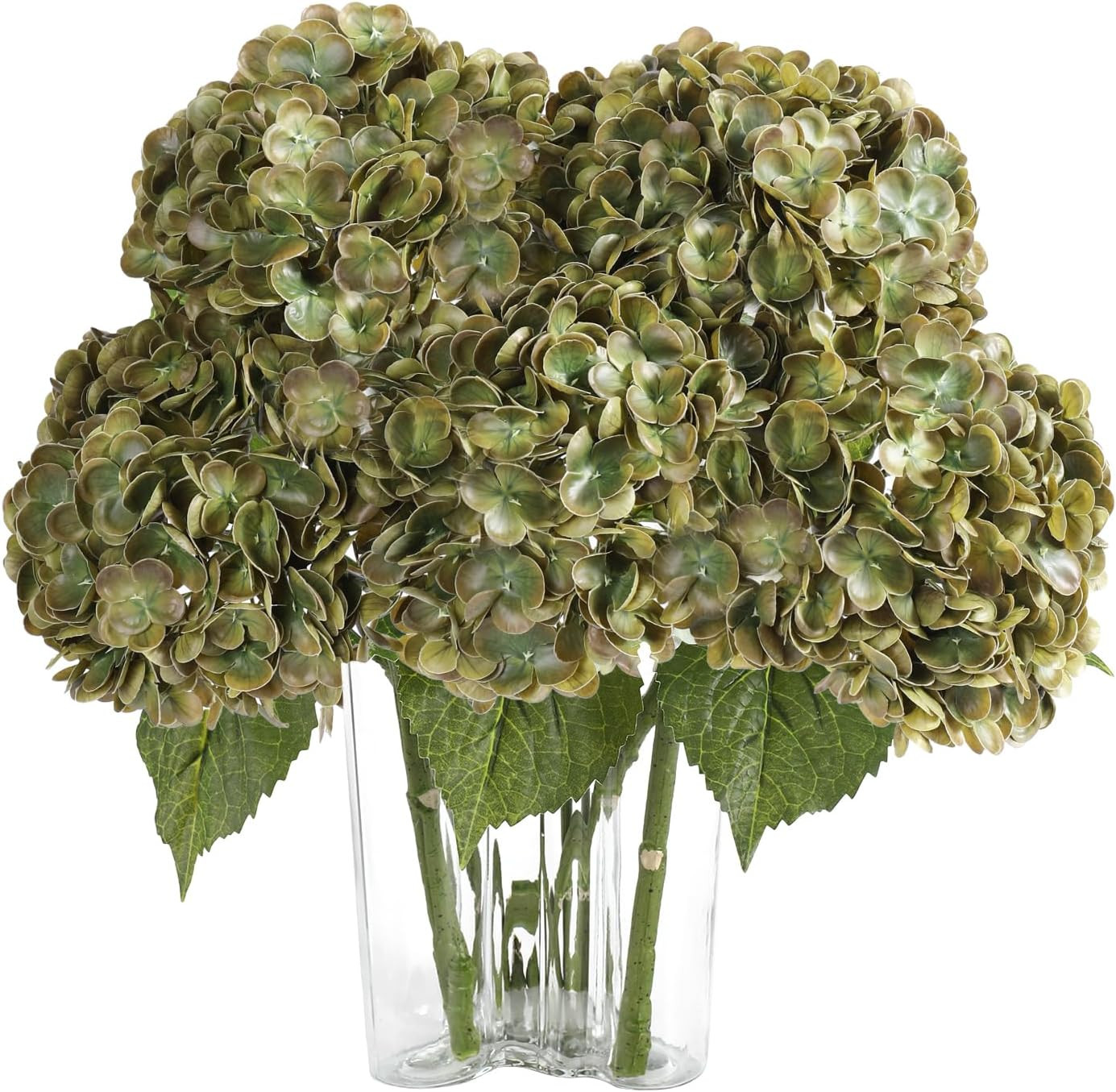 Lifelike Olive Green Hydrangea Faux Flowers – 4 Pcs, 22 Inch Stems
