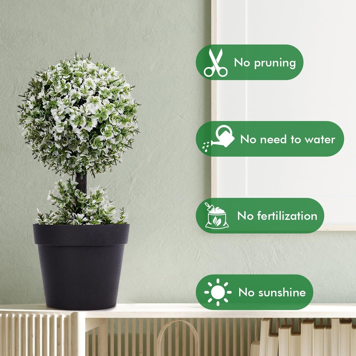 9.8 Inch Artificial Topiary Plant with White Leaves – Fake Boxwood Potted Tre…