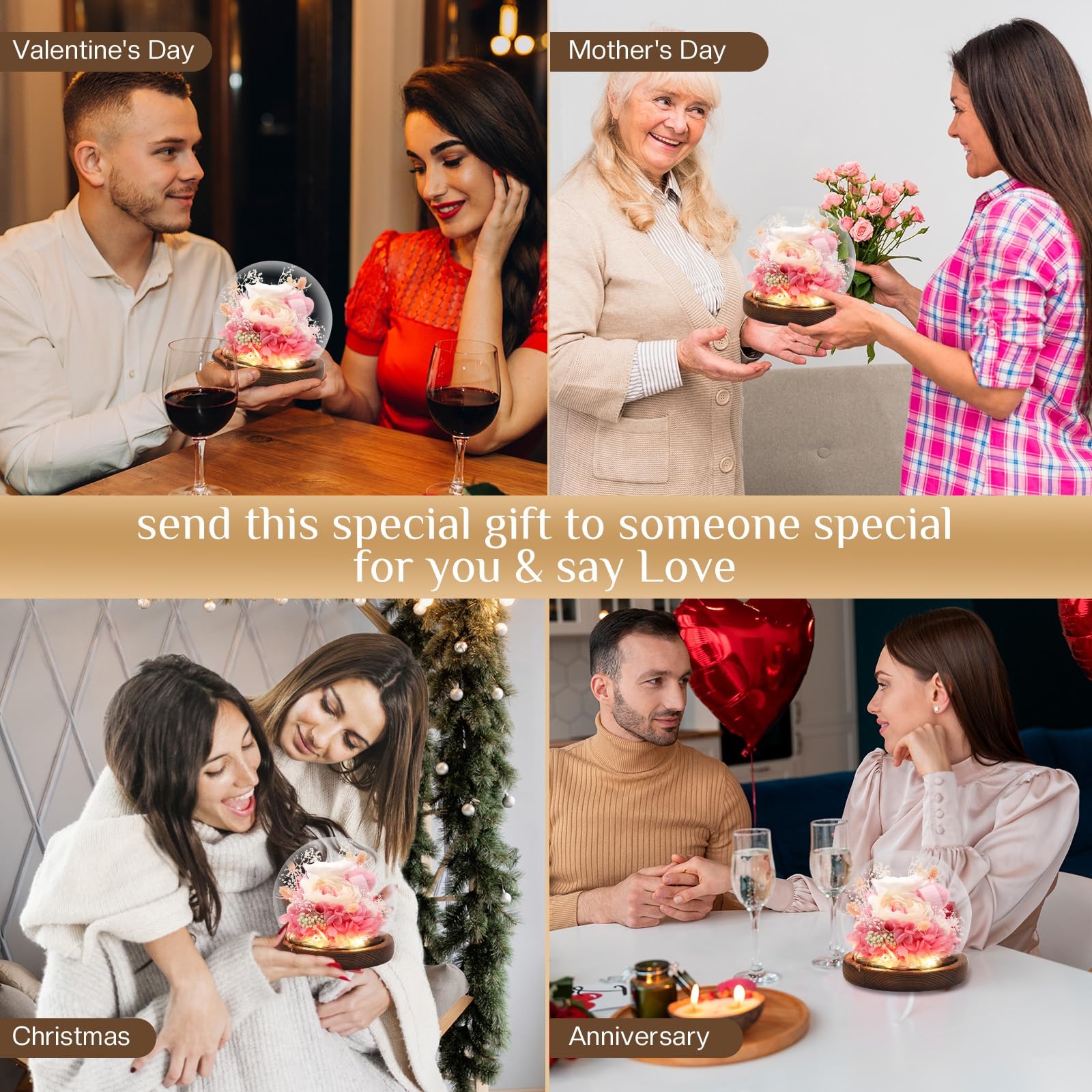 Eyesofspring Preserved Flowers,Rose in Glass Dome with LED Light, Gifts for Her,
