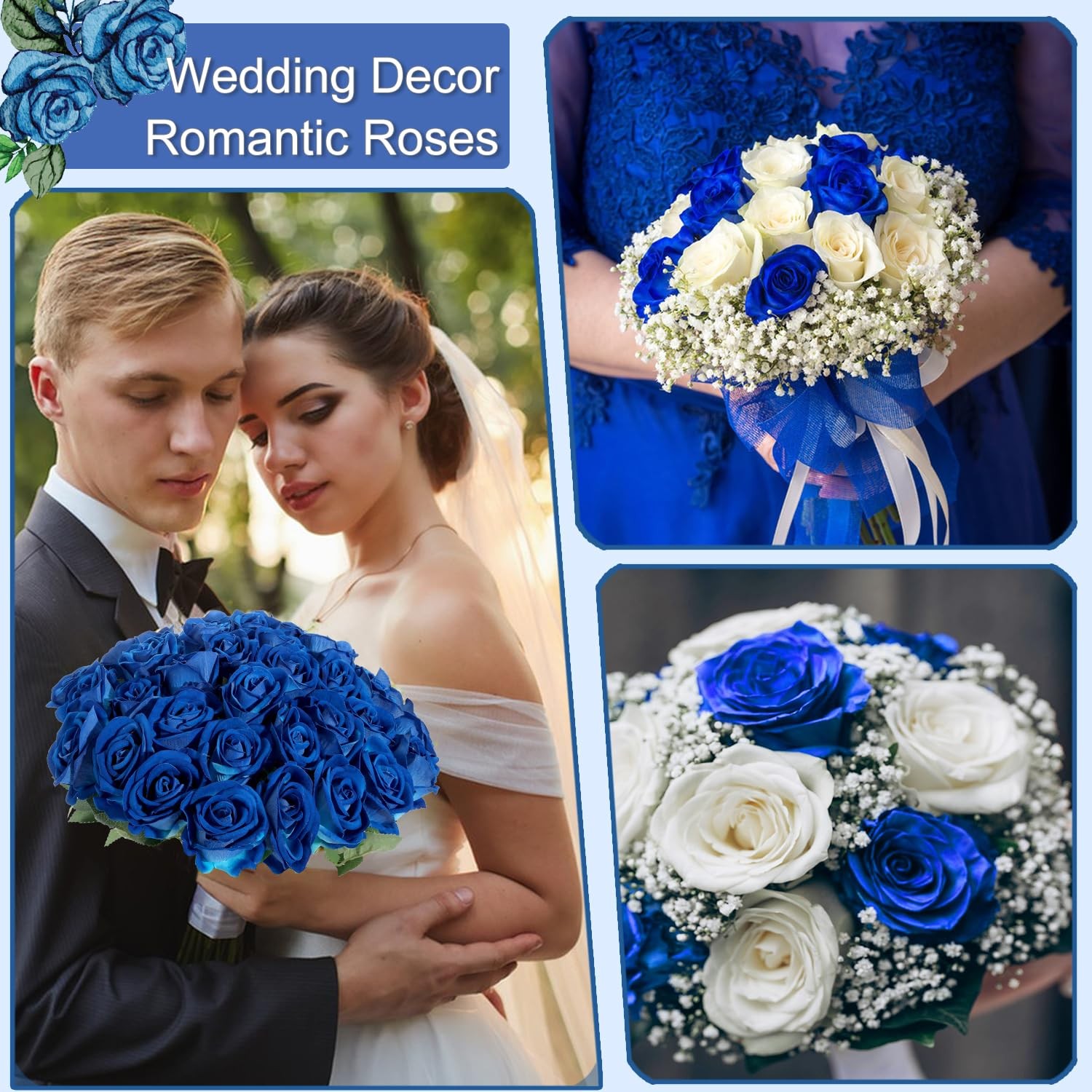 12 PCS Blue Roses Artificial Flowers Faux Velvet Silk Home Wedding Decor