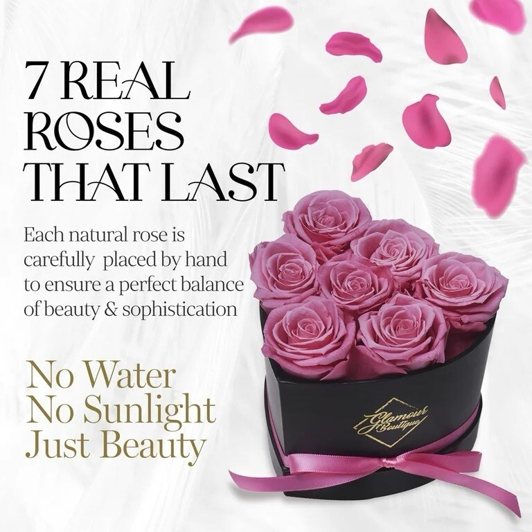 7-Piece Forever Flowers Heart Box – Preserved Roses, Lasts 1 Year, Gift for Mom