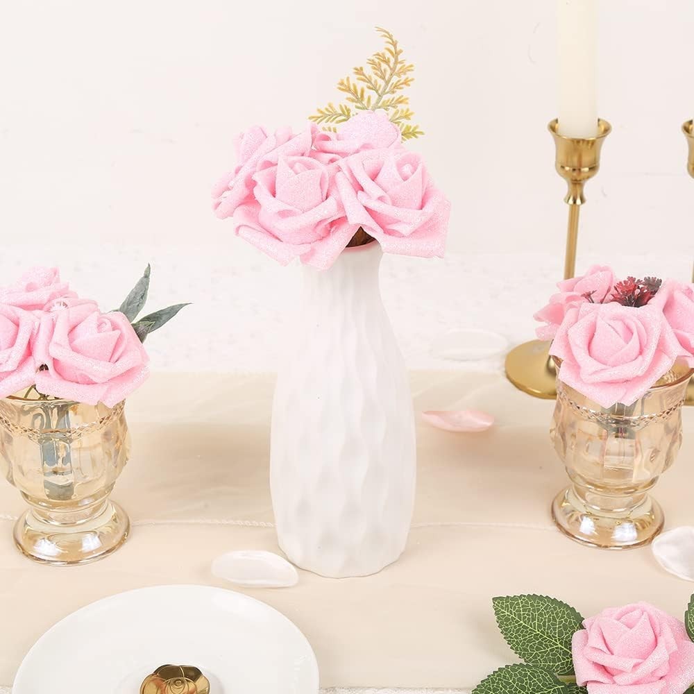 Lifelike 25pcs Pink Glitter Artificial Roses – Wedding & Party Essentials