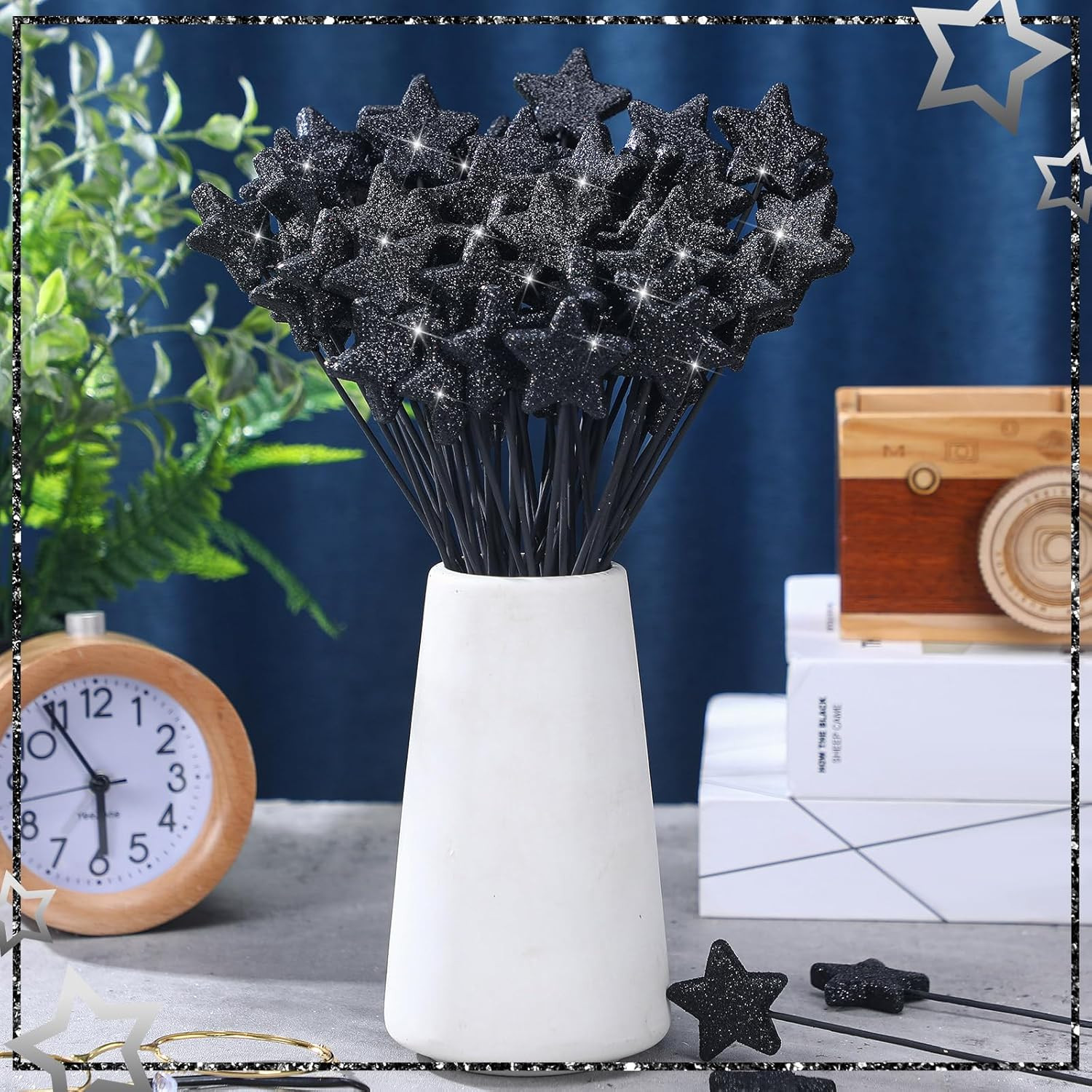 60 Pcs Black Star Floral Picks 8” Glitter Star Centerpiece Table Decor Black Cr