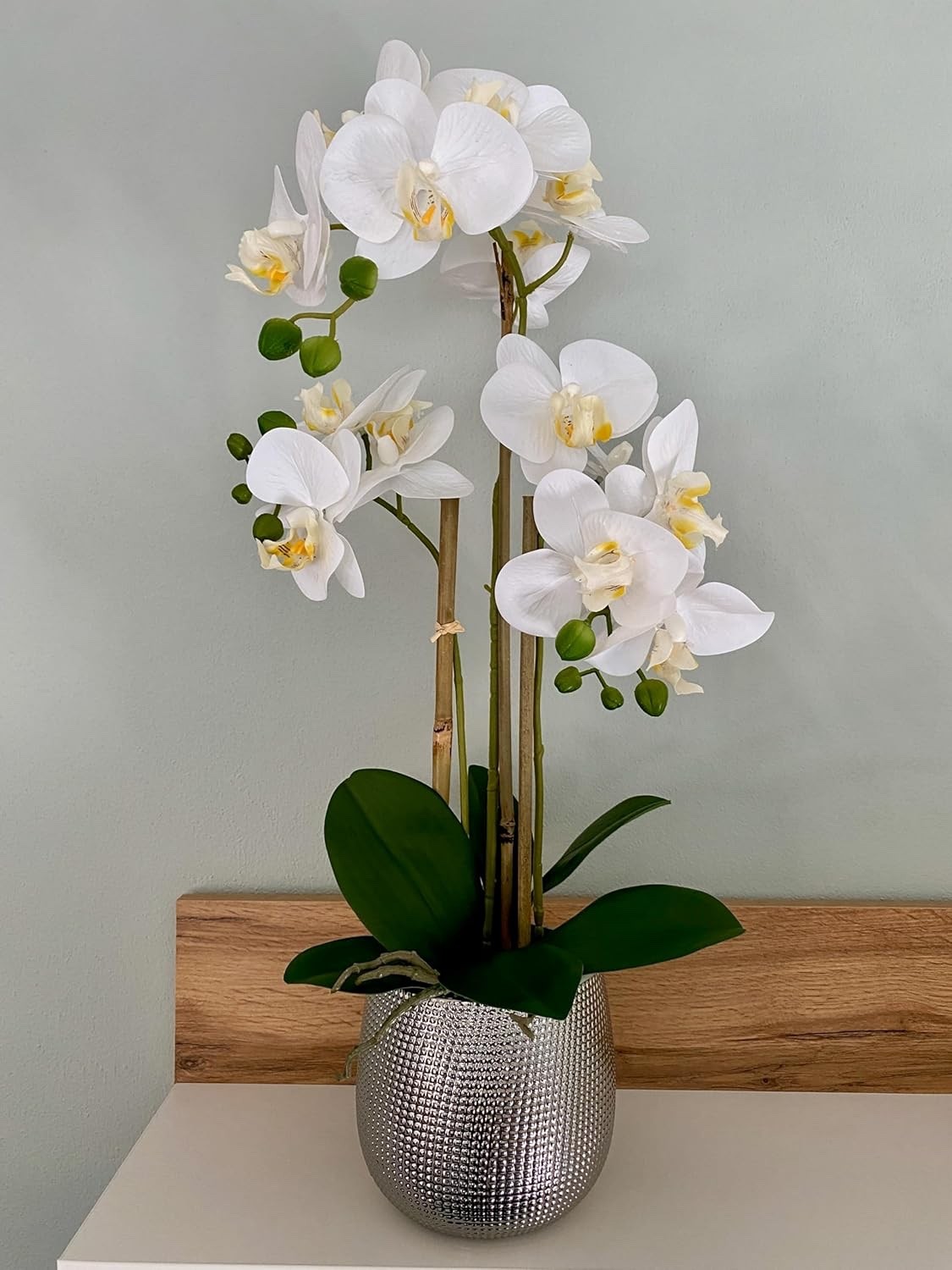 Artificial Flower Arrangement White Phalaenopsis Orchid in Silver Ceramic Vase