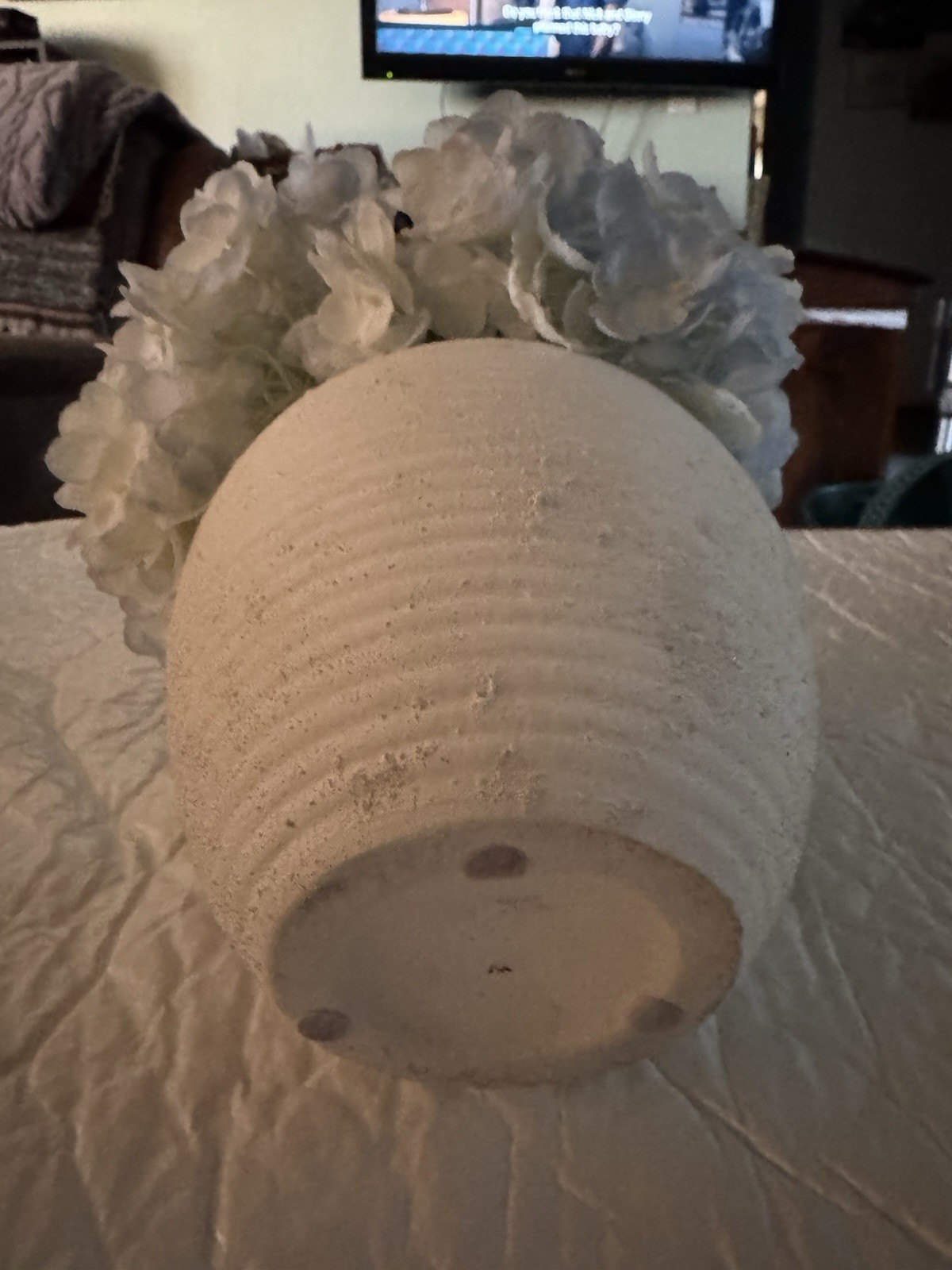 Artificial Light Blue Hydrangea Flowers w/Textured White Vase 3.5” Vase Bottom