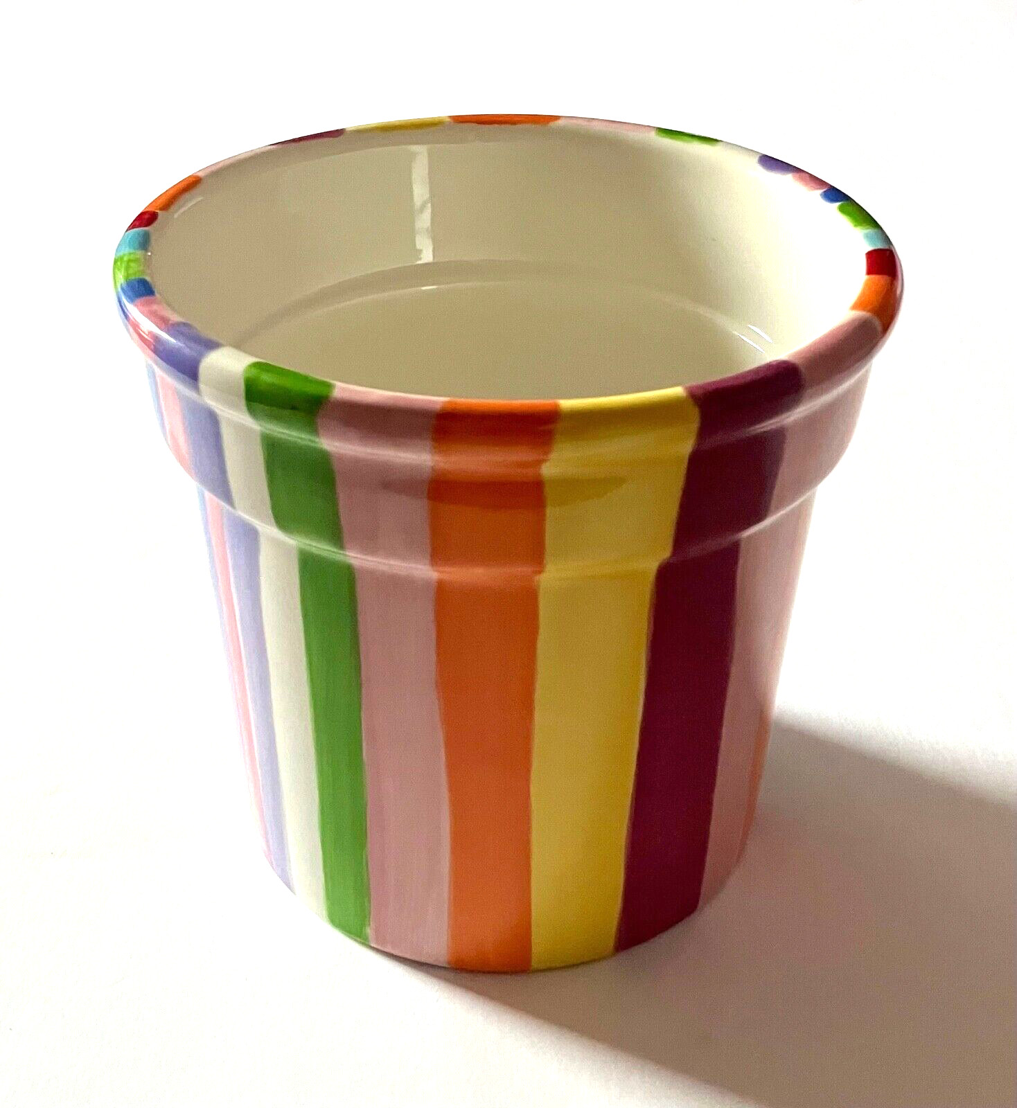 Rainbow Striped Flower Pot Vibrant Colors Happy & Bright 4.5 inch Glossy Bright
