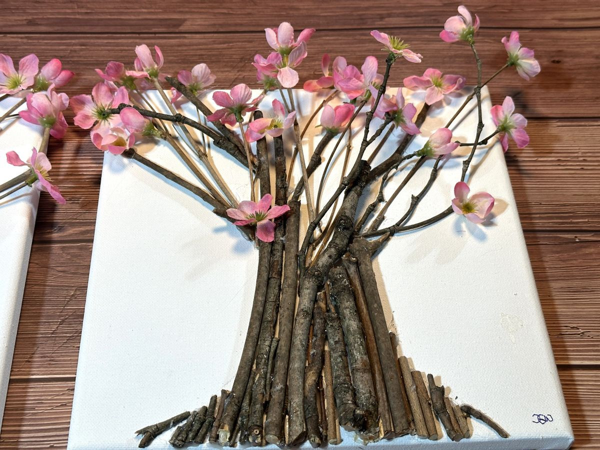 Canvas Art Set- Woodland Trees with Pink and White Flowers – 3 Dimensional