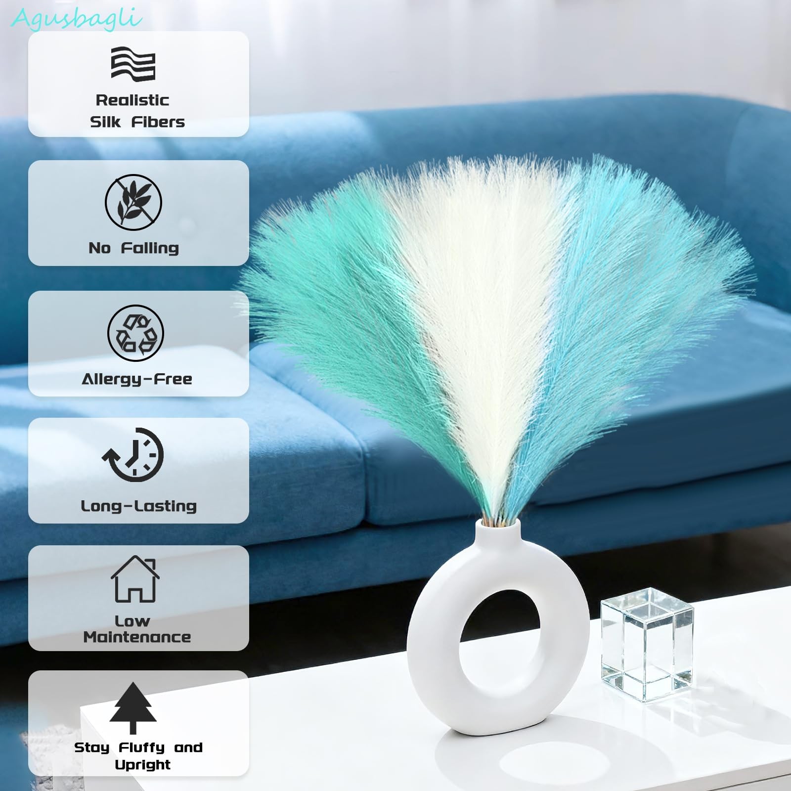 30pcs Light Blue Pampas Grass Decor, 21.5in Fluffy Faux Colored Pampas Grass …