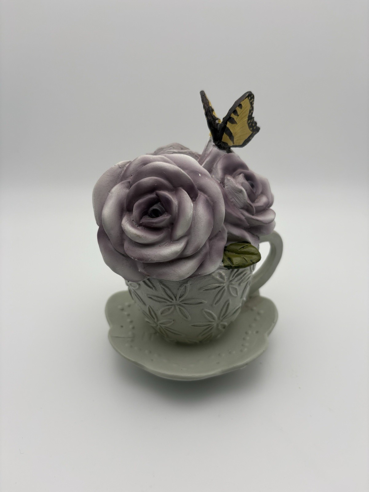 Ganz Flower Teacup Figurine – Yellow Butterfly Purple Flower Decor Spring Summer