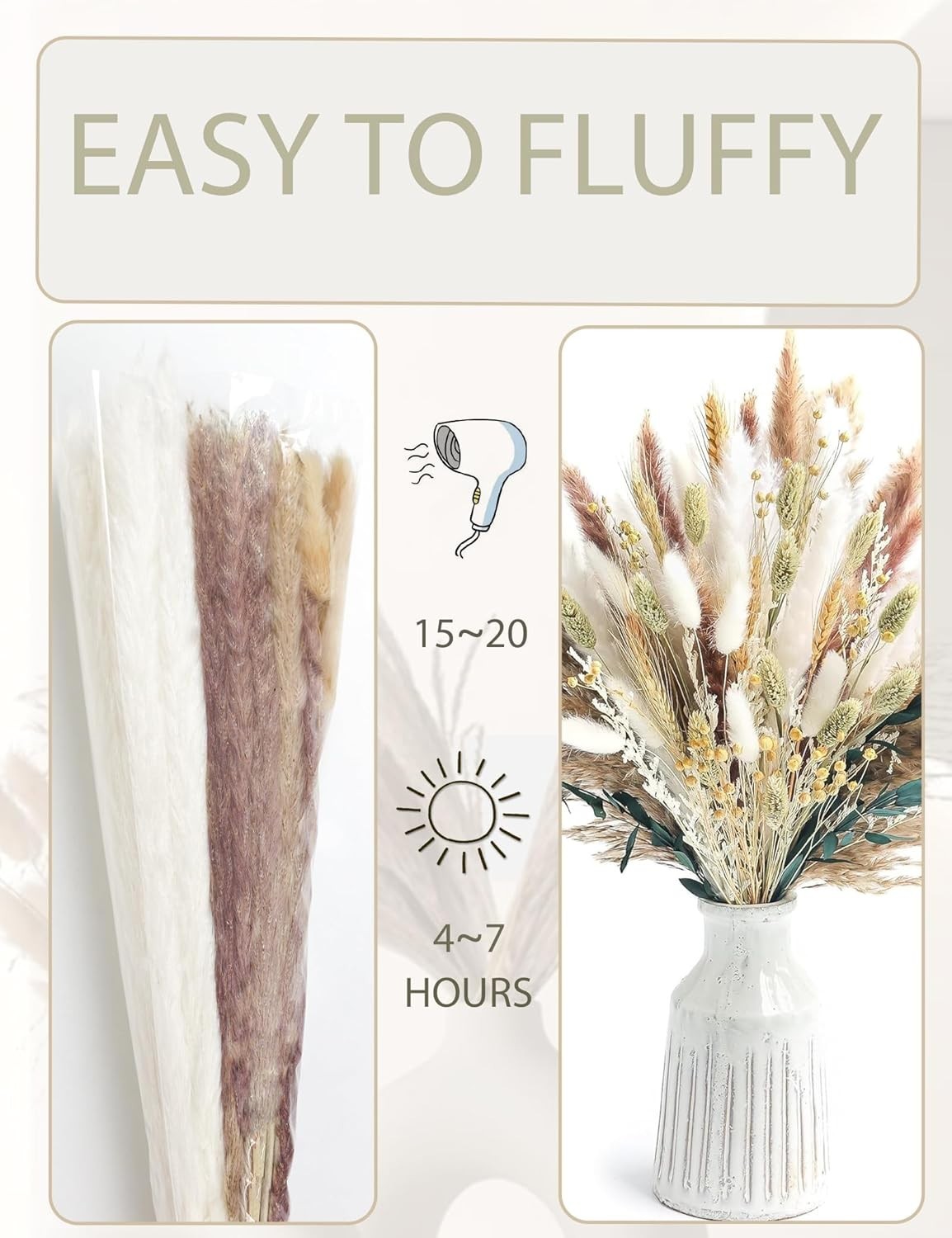 126pcs Dried Pampas Grass Bouquet – Boho Floral Decoration for Weddings & Homes
