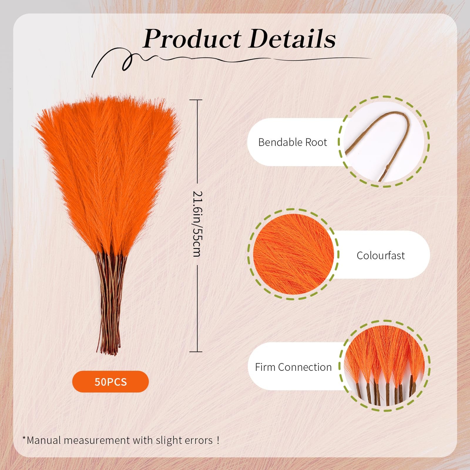 50pcs Orange Pampas Grass 21.6 Inch Non-Shedding Faux Pampas for Vibrant Warm…