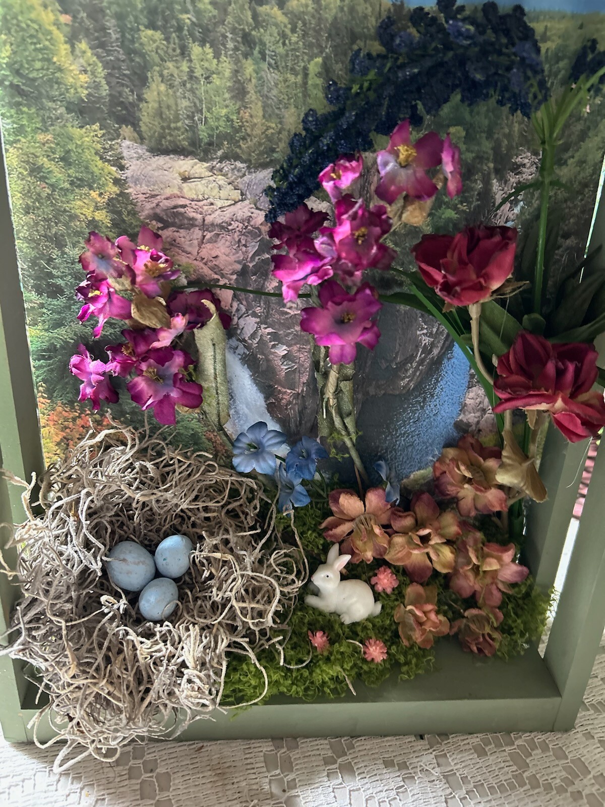 Handmade Nature Diorama Waterfall Birds Nest Dried Flowers