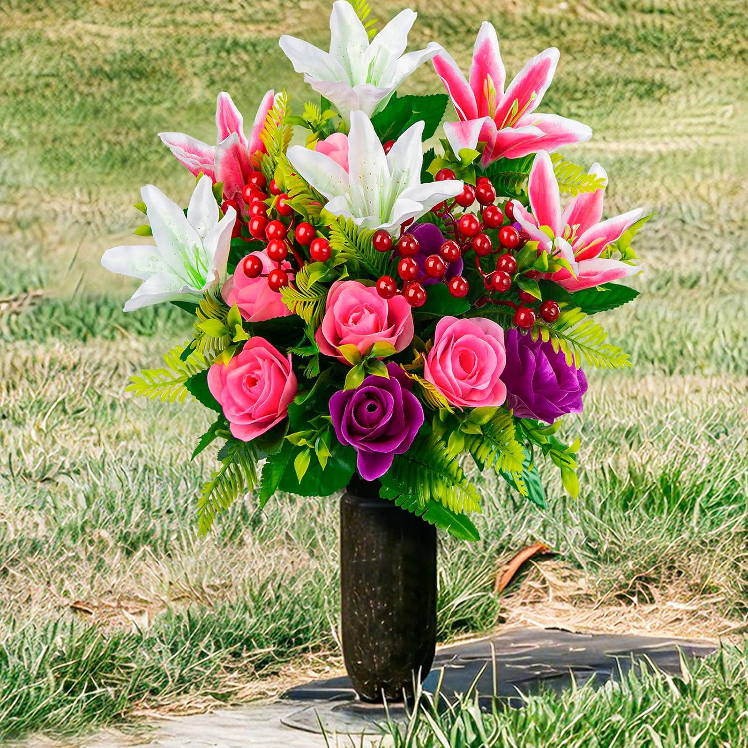 XONOR Artificial Cemetery Flowers with Vase, Set of 2 Artificial Rose Lily Bouqu