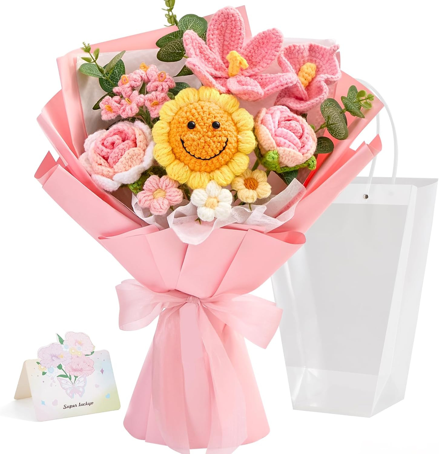 Crochet Flower Bouquet,Handmade Knitted Flowers,Pink Crochet Sunflower Bouquet,U