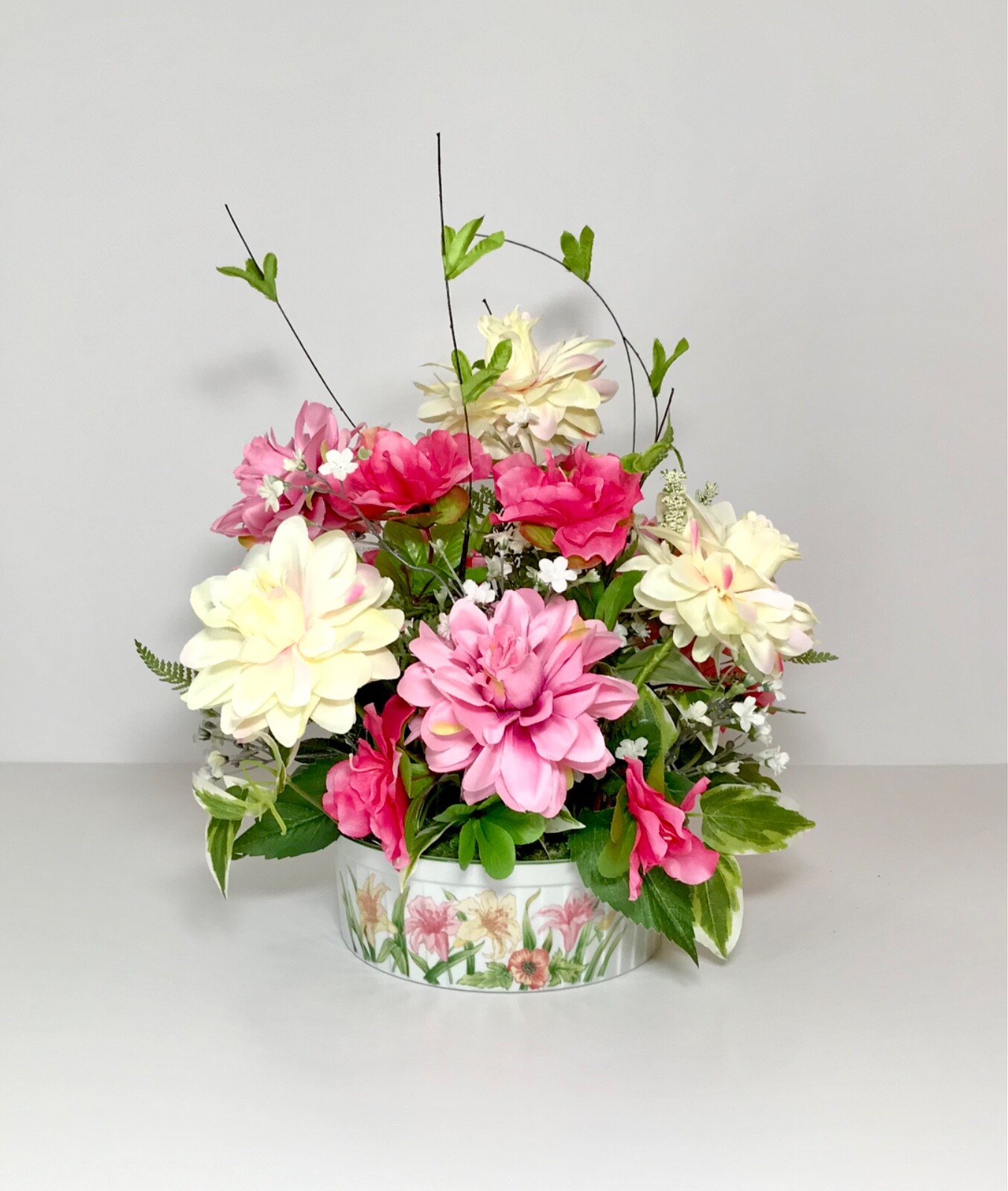 PINK WHITE CREAM FLOWERS ARRANGEMENT PORCELAIN VASE FLORAL CENTERPIECE GIFT NEW