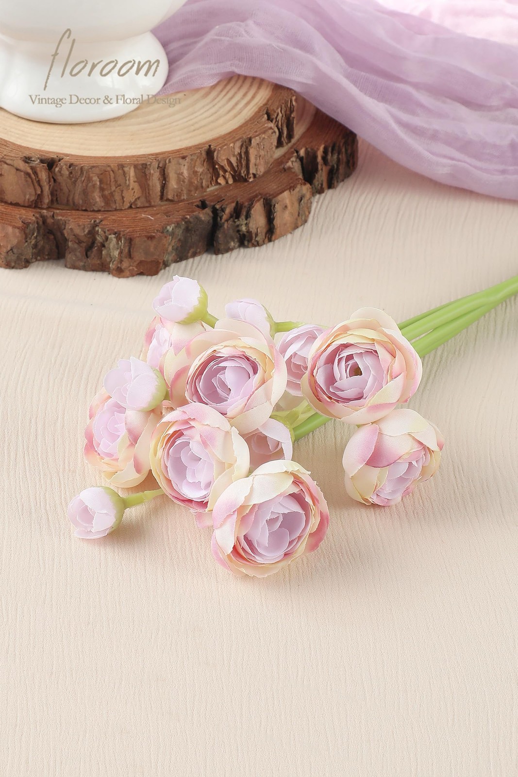 18 PCS Ranunculus Artificial Flowers Lilac Faux Silk Mini Bulk Fake Filler