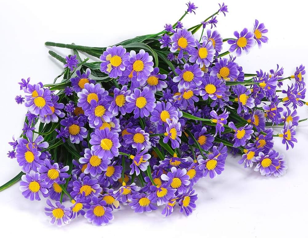 Artificial Daisies Flowers Outdoor UV Resistant 4 Bundles Fake Foliage Purple