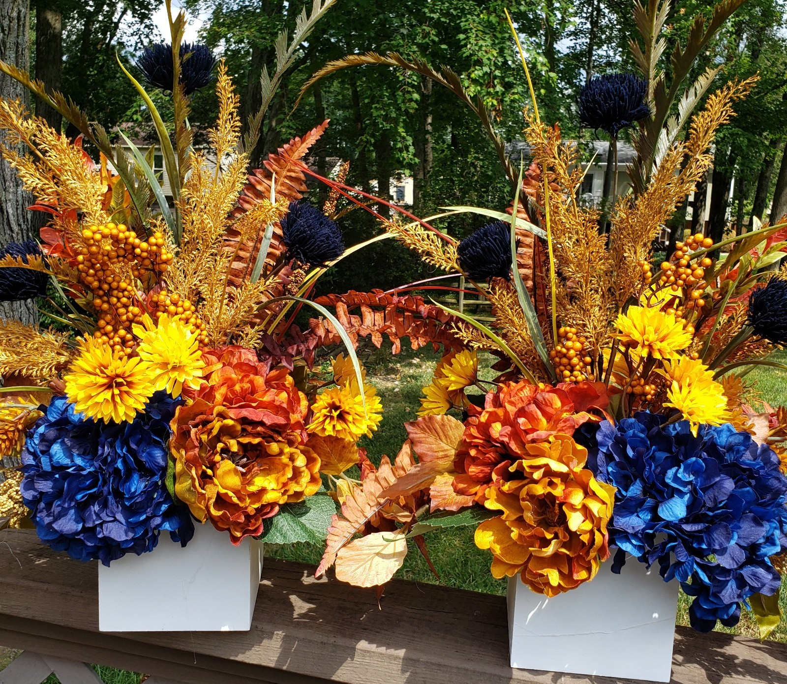 Set of 2 Large Fall Floral Arrangements, Blue Hydrangea Autumn Mantel Decor
