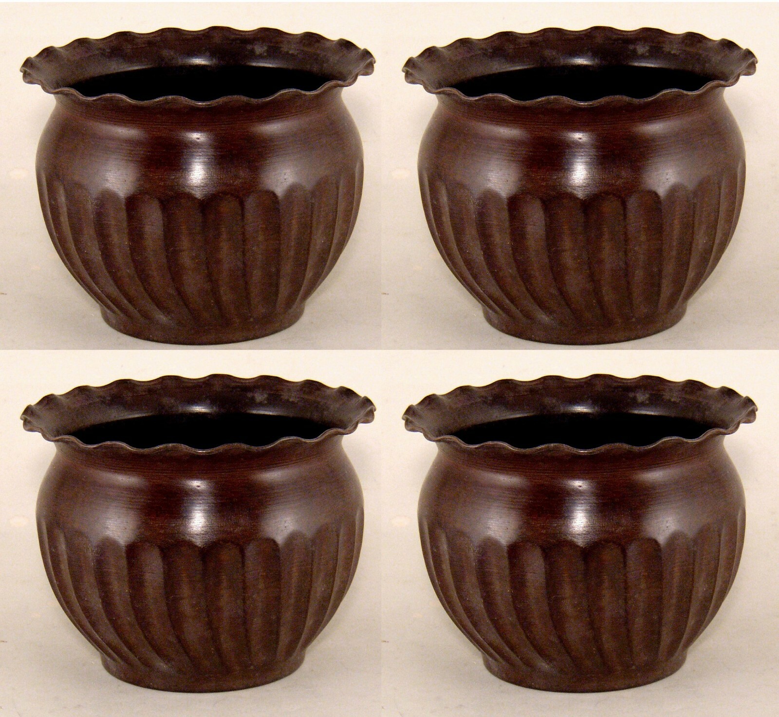 Planter Container Brown Wavy Rim Fluted Surface 7″Dia 5″High Set of 4