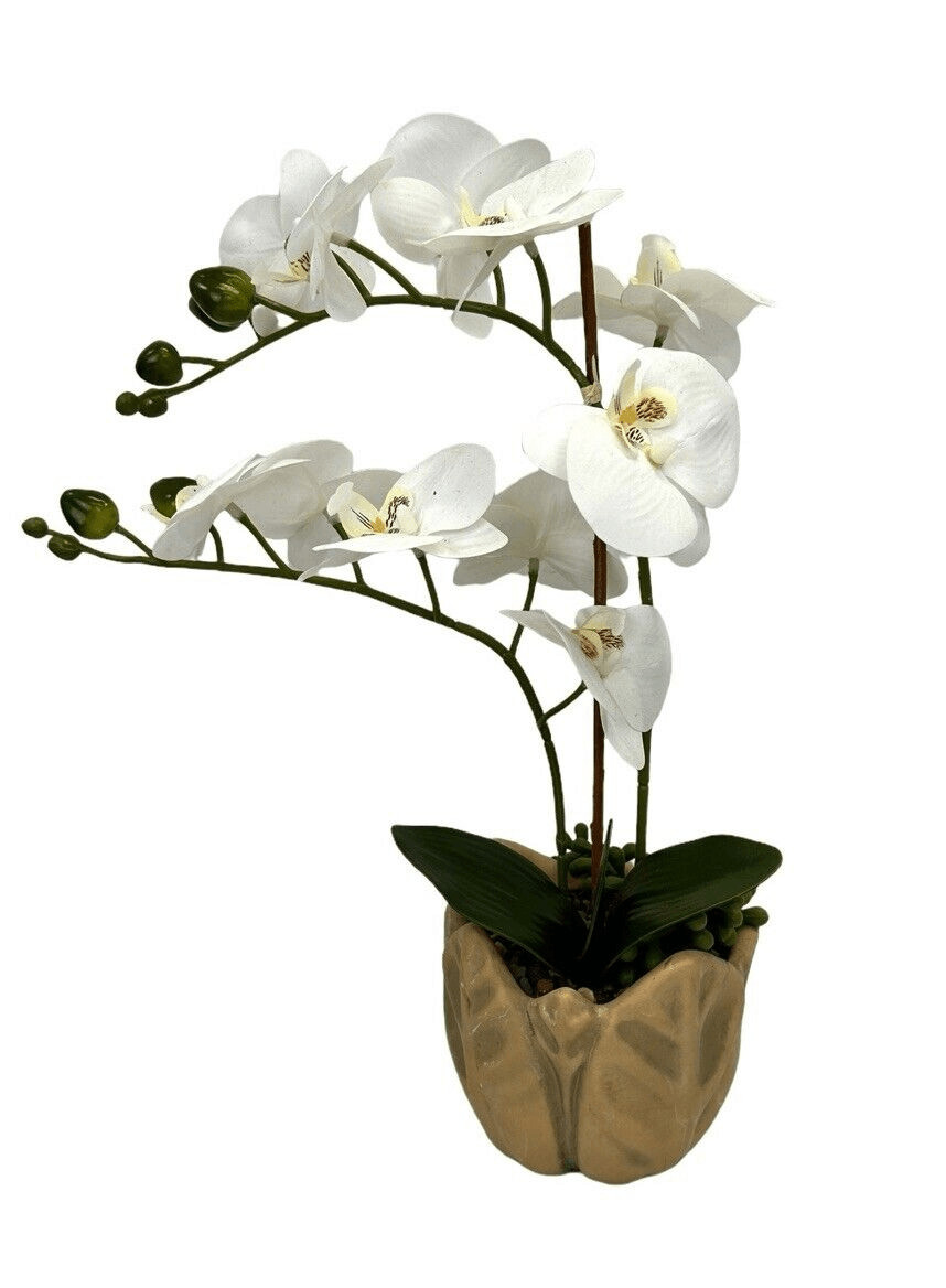 New Faux White 15 Inch Orchid In Ceramic Pot With Artificial Greenery