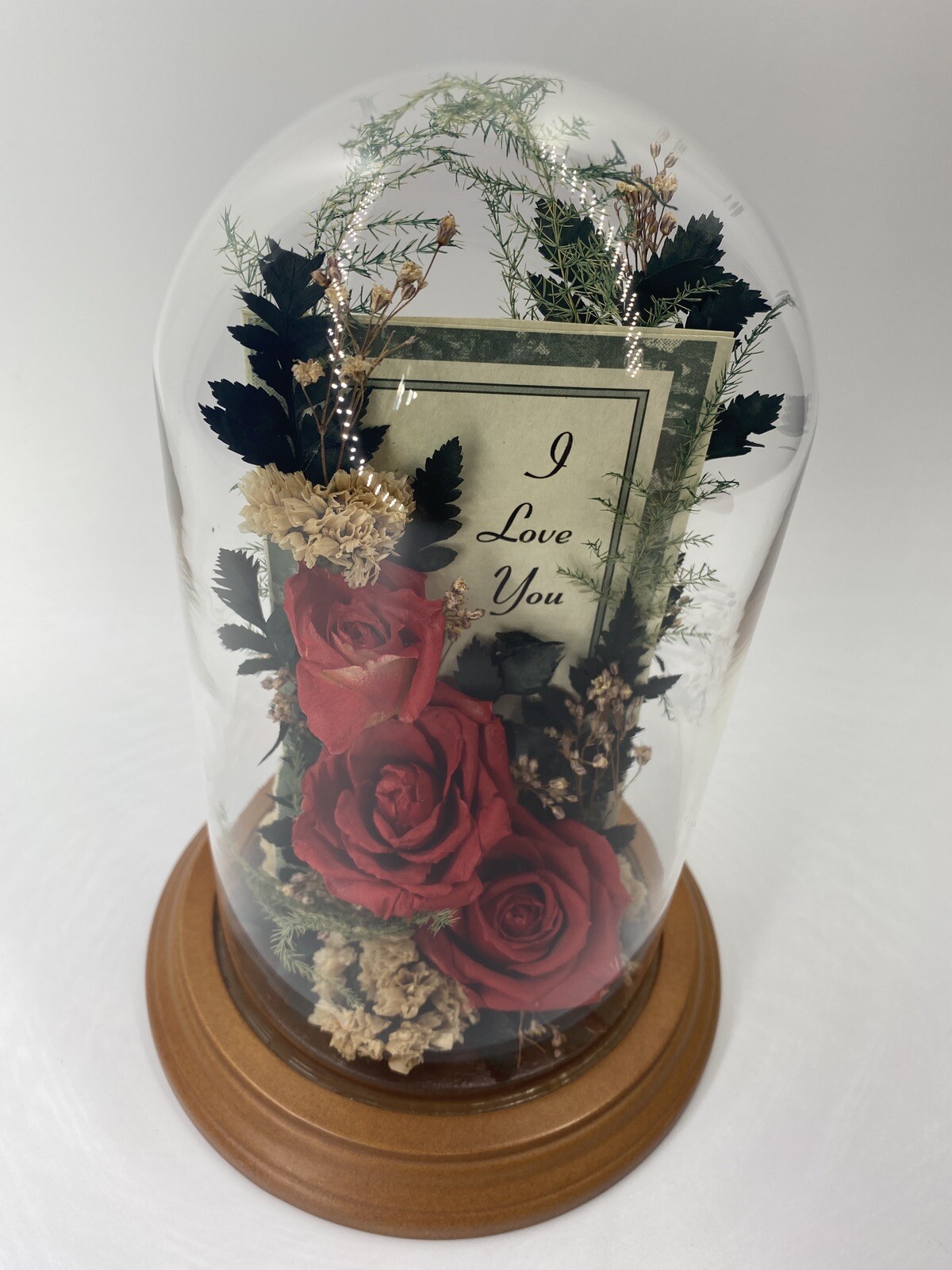 Vintage Dried Red Roses Flower Arrangement Preserved in 7.5” Glass Dome