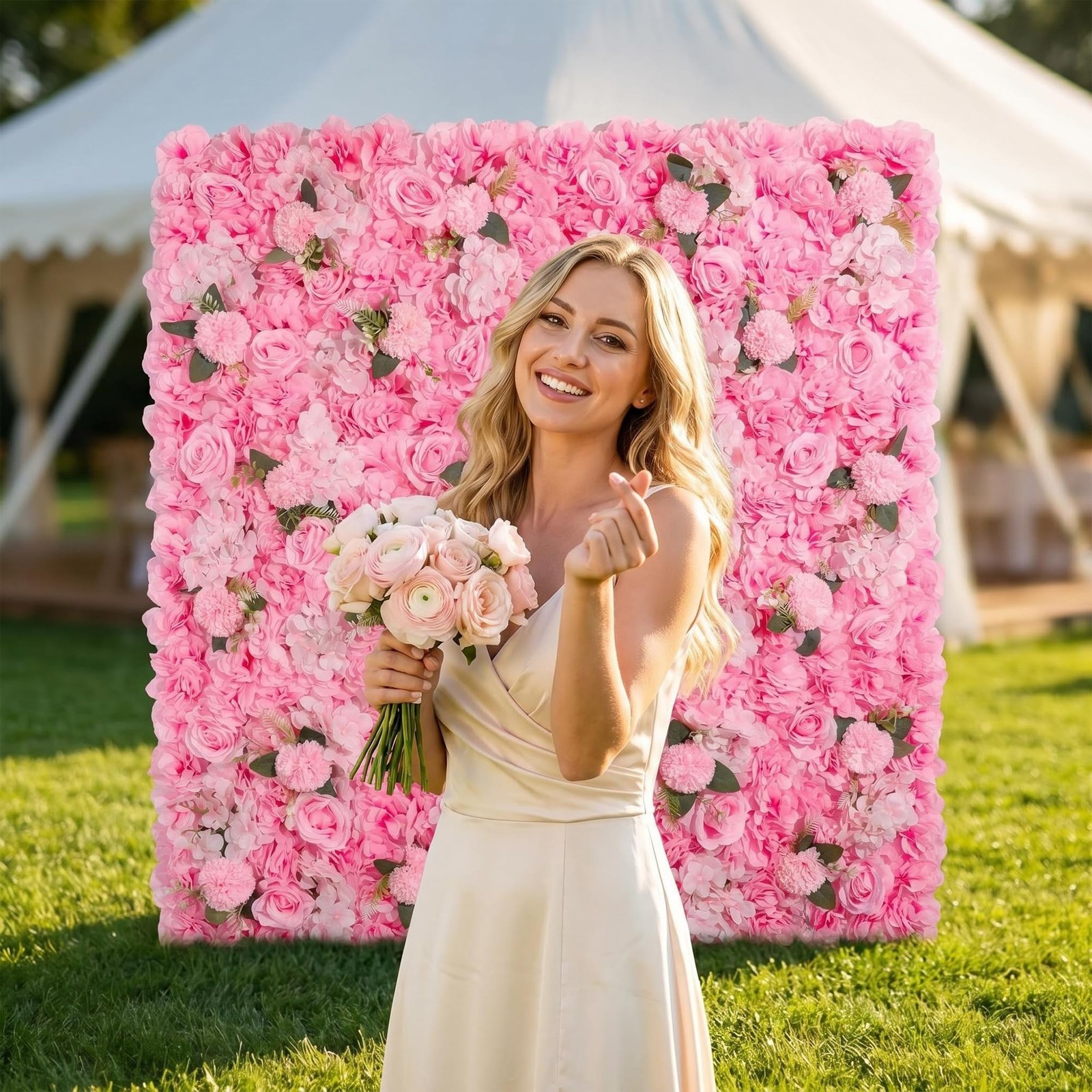 3D Flower Wall Backdrop – 6Pcs 16×24 Inch Artificial Rose Panels Pink Silk Fl…