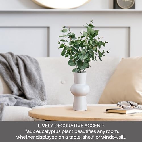 Artificial Arrangement in White Ceramic Vase, Realistic Look and Eucalyptus
