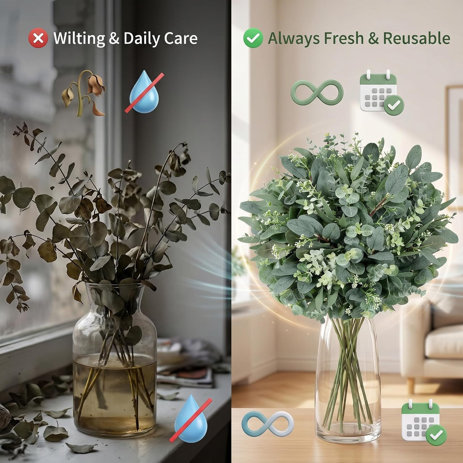 Realistic 130Pcs Artificial Eucalyptus Stems for Home Decor & Weddings