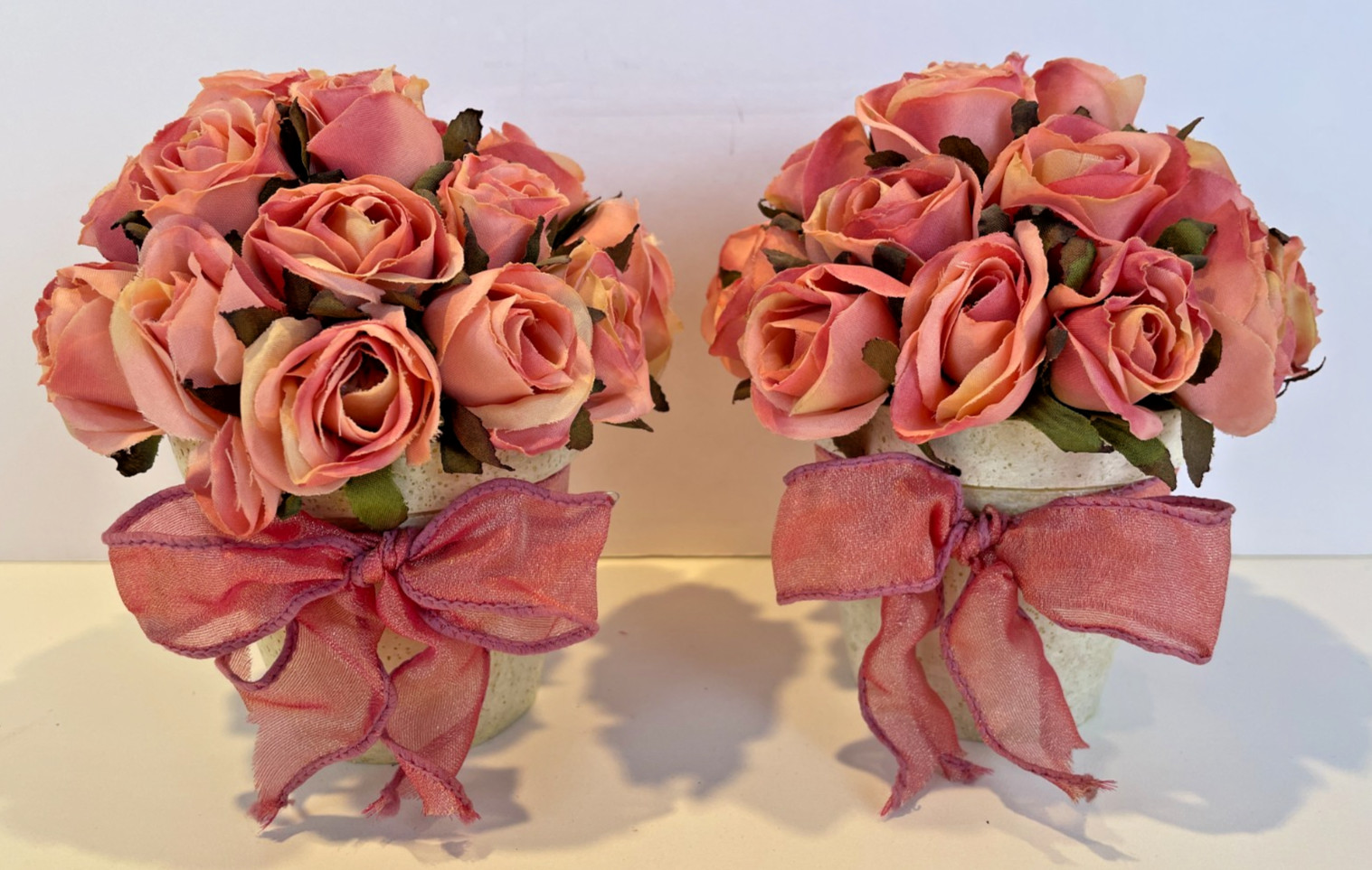 Beautiful Set of 2-Silk Pink Roses in Faux Clay Pots Home Accessory Decor