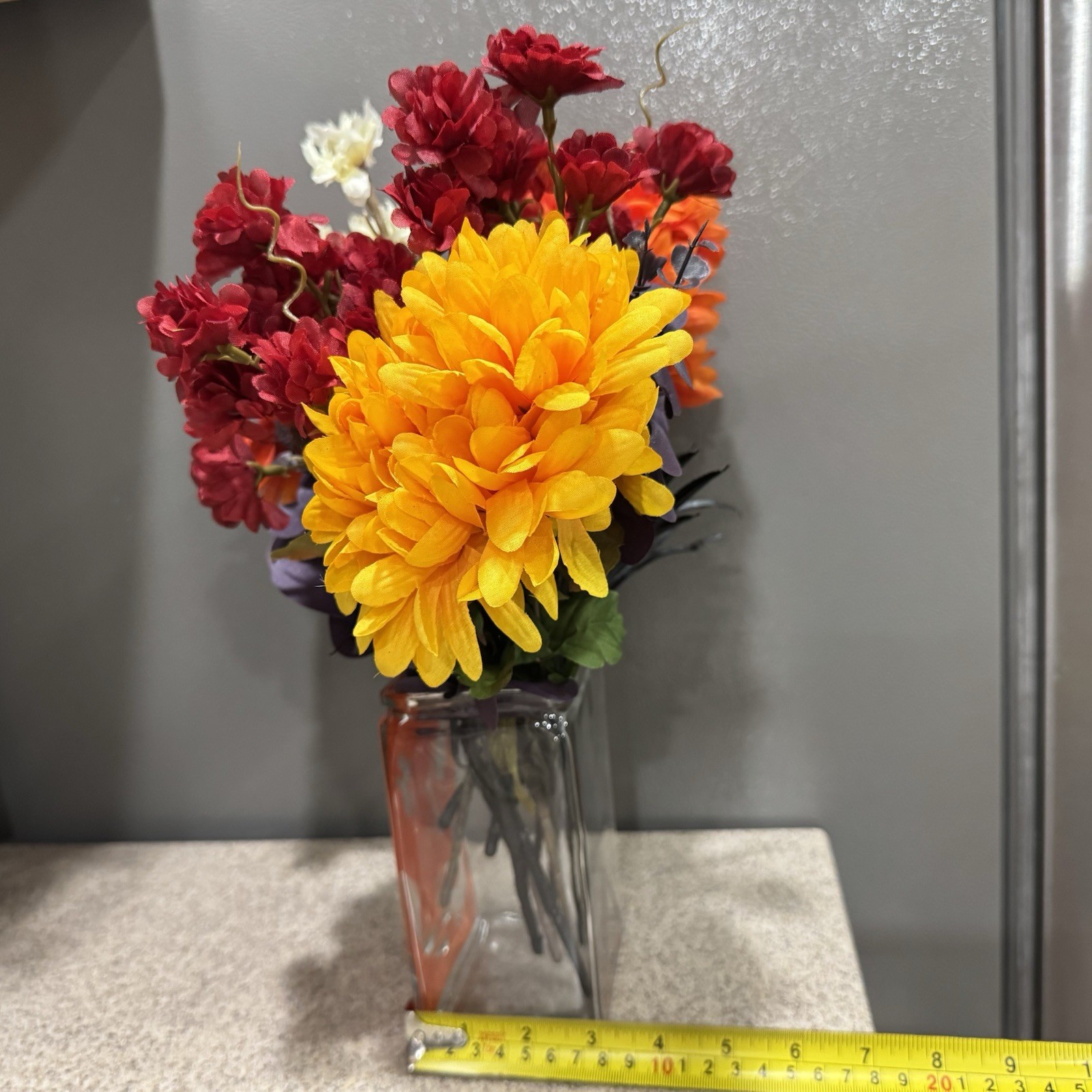 Fall Halloween 15” Display Decor Glass 6” Square Pumpkin Vase Faux Flowers EUC