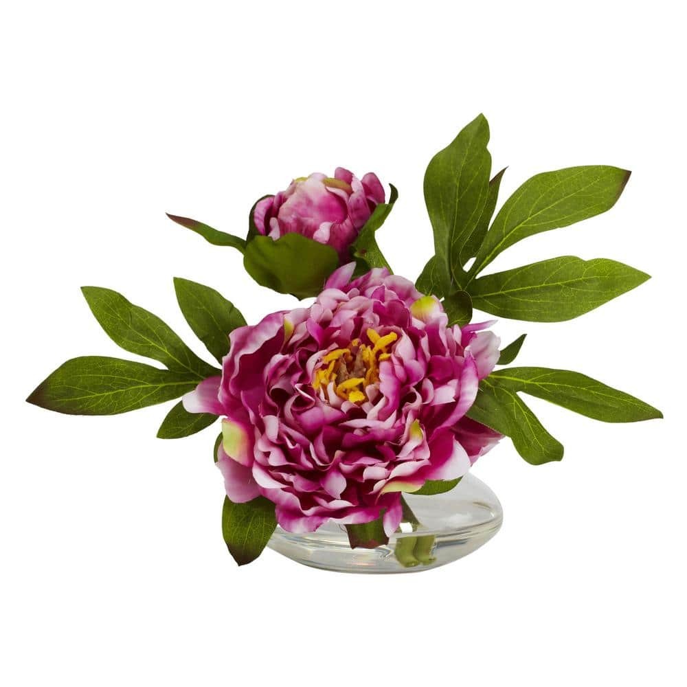 Nearly Natural 6in. Artificial H Peony Assorted with Glass Vase (Set of 3)