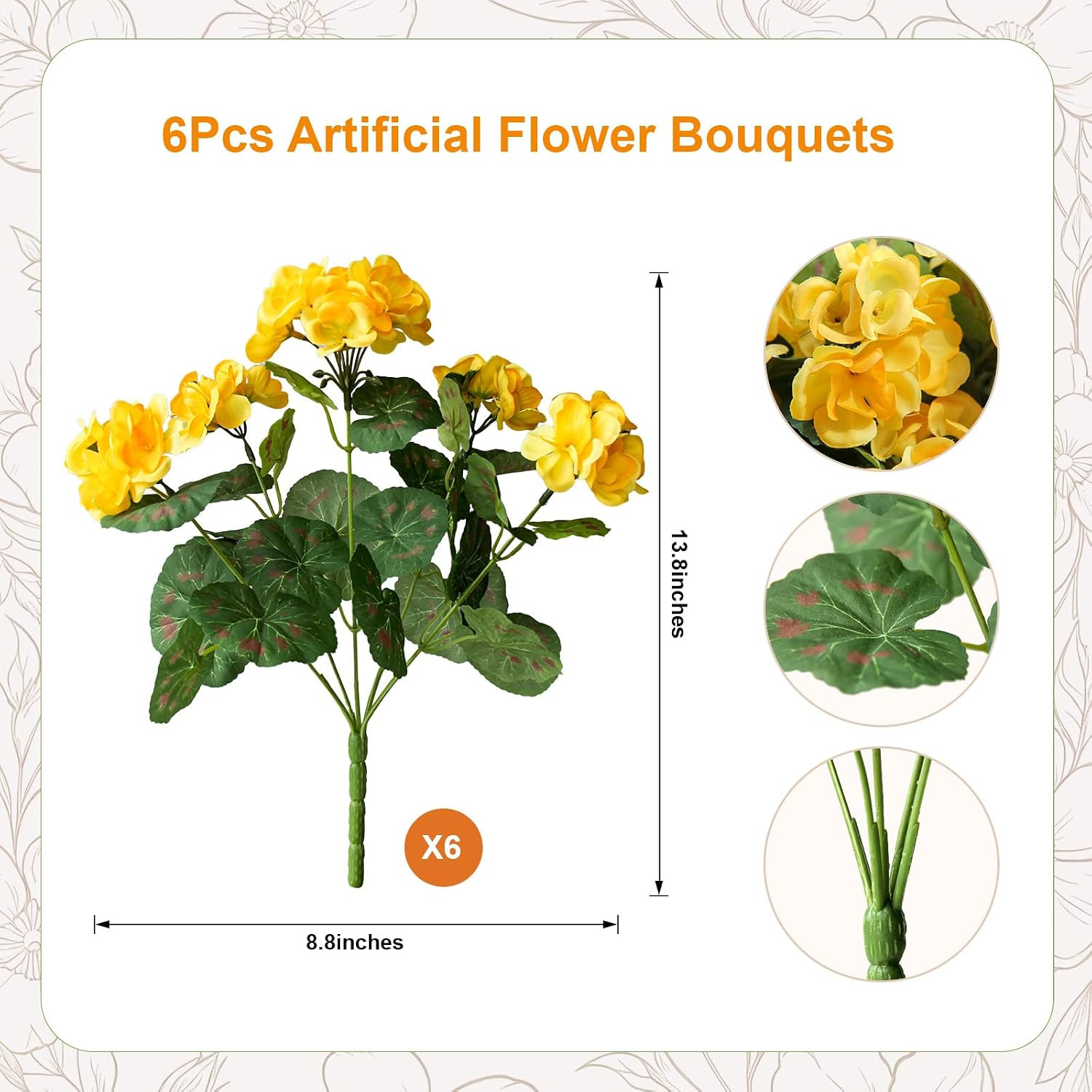 Artificial Geraniums Fake Flowers for Outdoor, 6PCS Yellow | UV Resistant Fall A