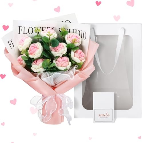 Valentine‘s Day LED Crochet Flowers Bouquet Light up Gradient White and Pink