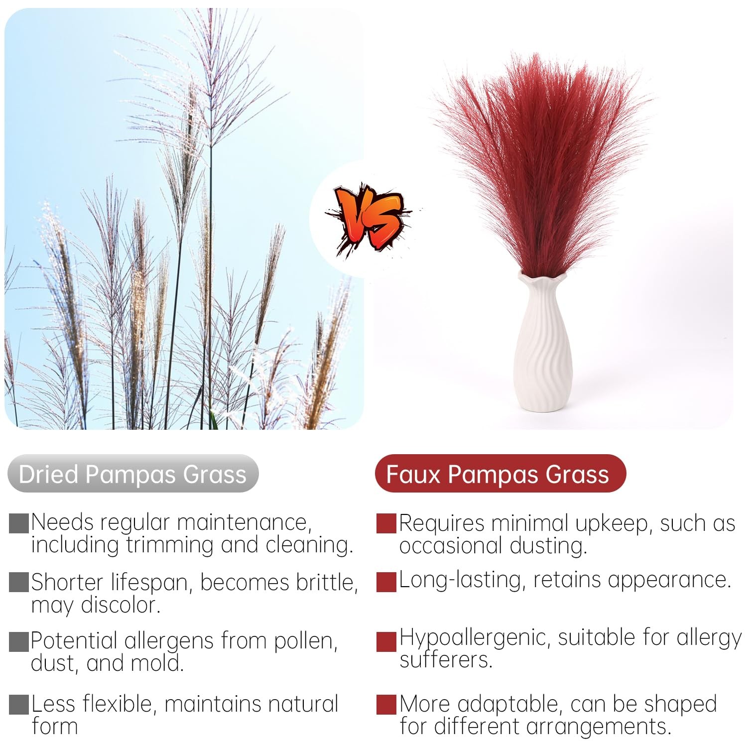 Faux Pampas Grass Decor ， 21.7 Inch Artificial Pampas Grass, Wine Red Reed Gr…
