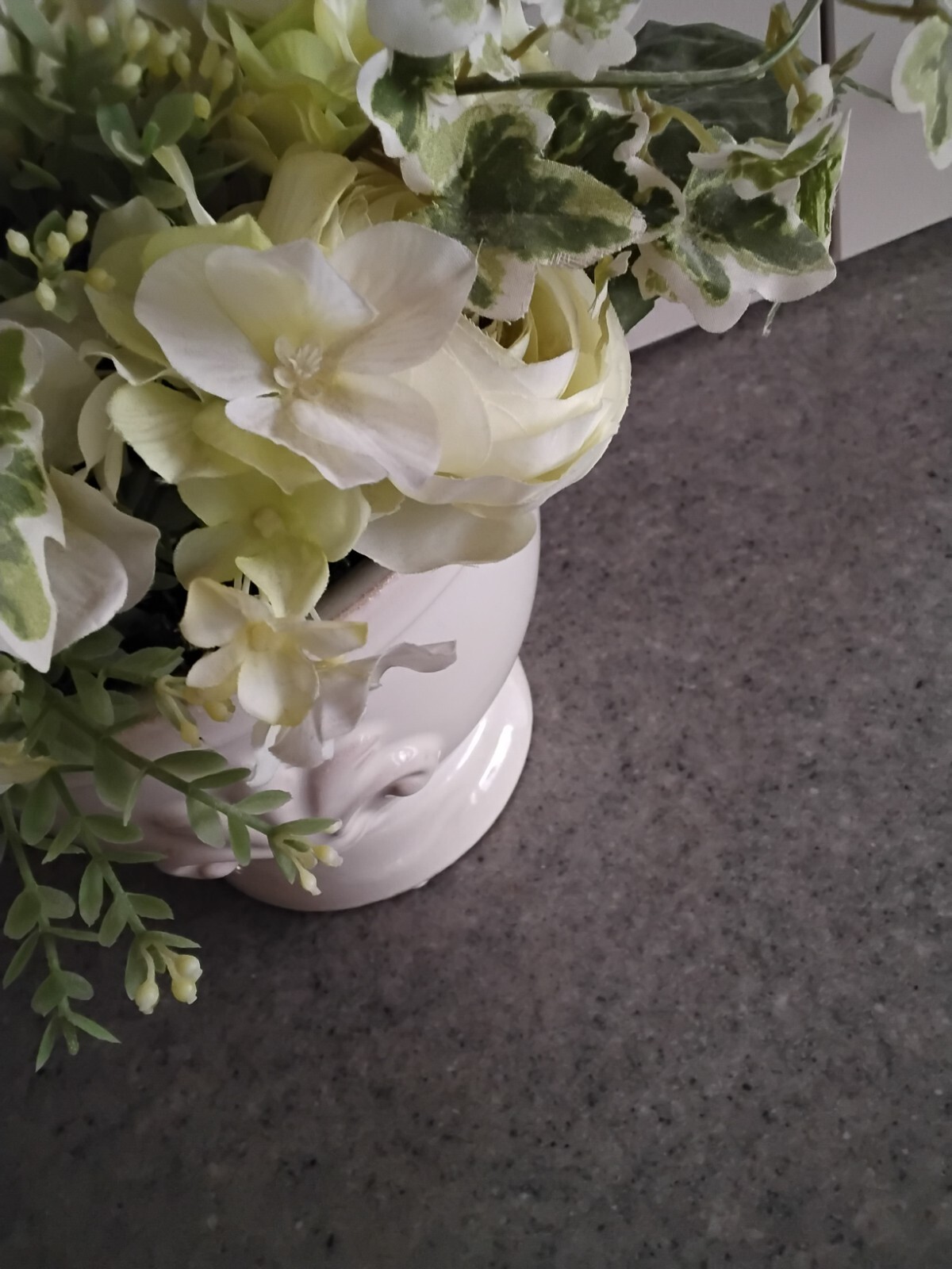 White on White Artificial Roses & Hydrangeas with Greens in Ceramic Cream Pot