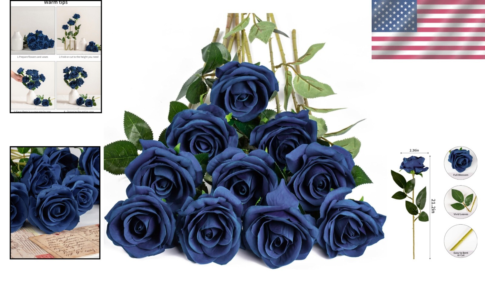 Pack of 10 Navy Blue Silk Roses – Perfect for Wedding Arrangements & DIY