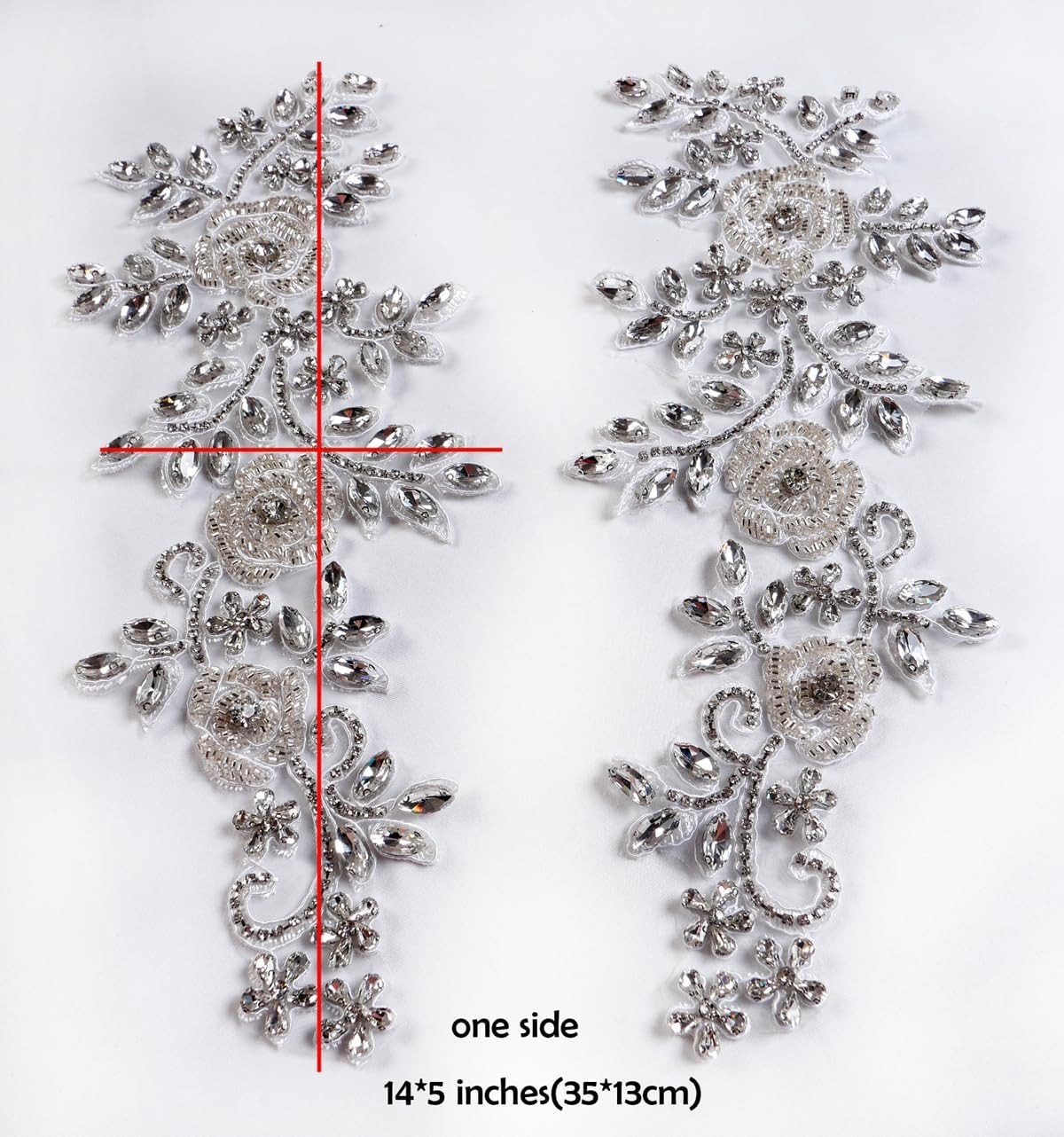 Beaded Rose Flowers &Leaves Rhinestone Pair Applique in Silver for Prom Dress Be