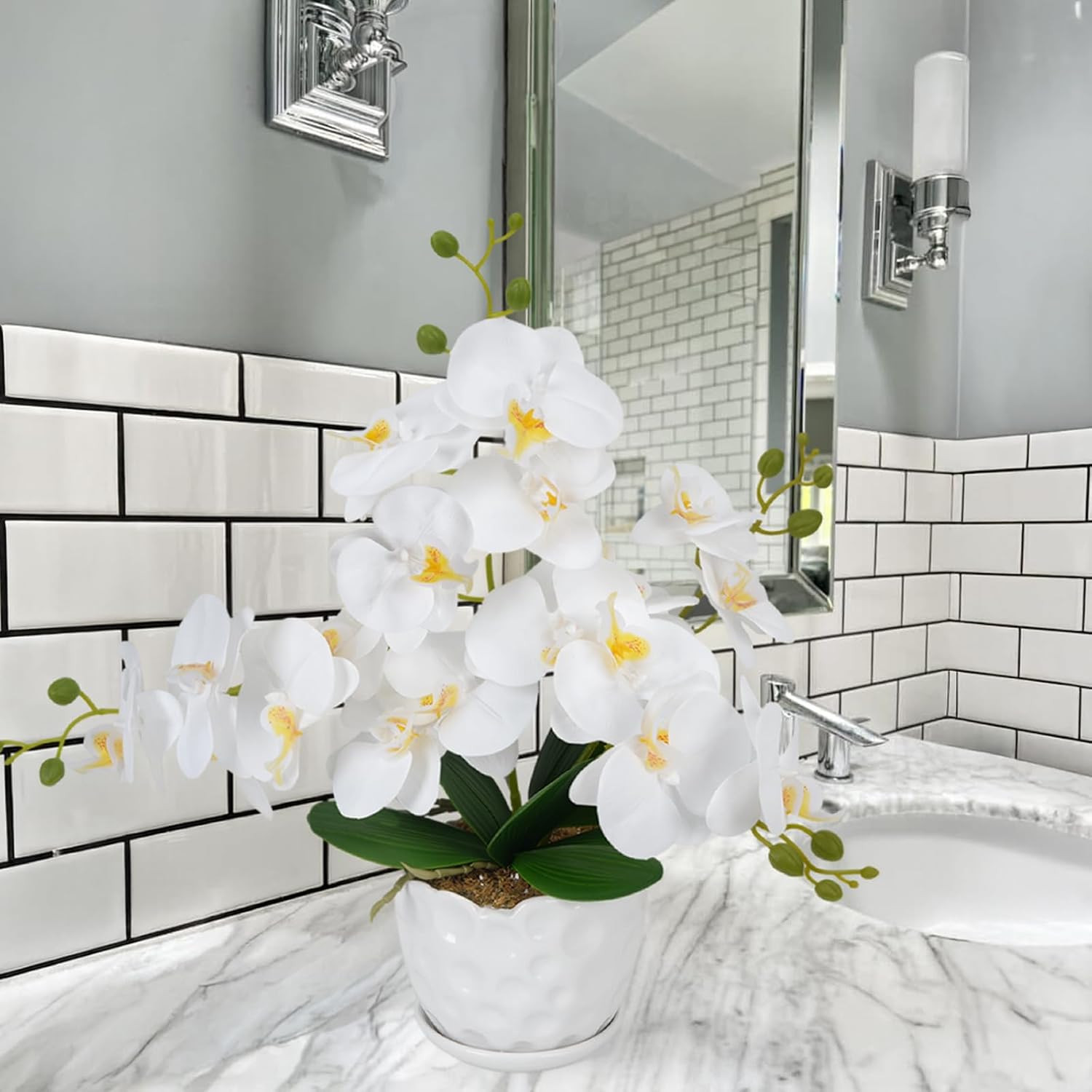 17″ Orchids Artificial Flowers White Fake Orchid Plant with Ceramic Pot Real Tou