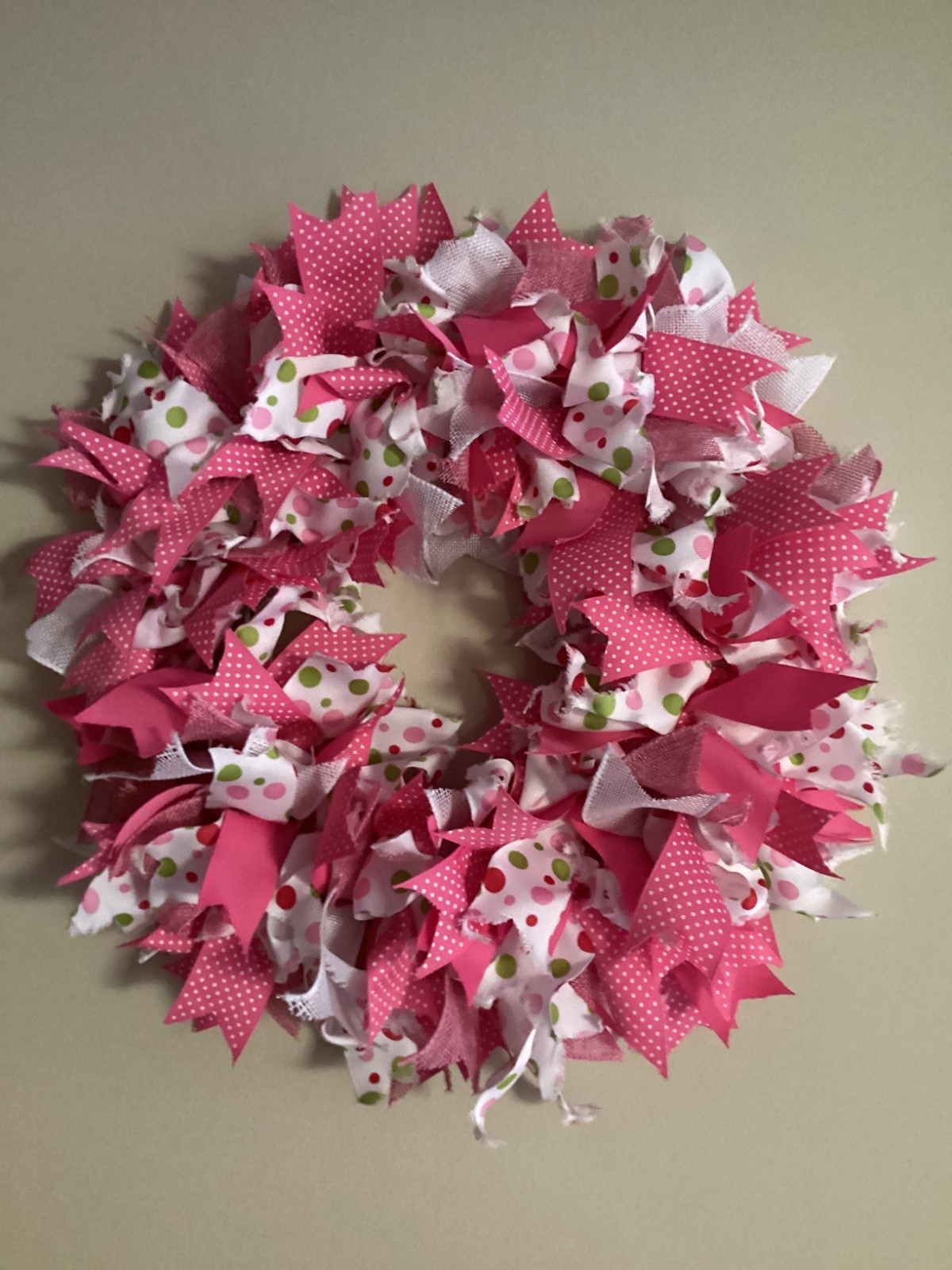 HANDMADE RIBBON RAG WREATH COTTAGE COTTAGECORE Polka Dots Pink Green 16 inches