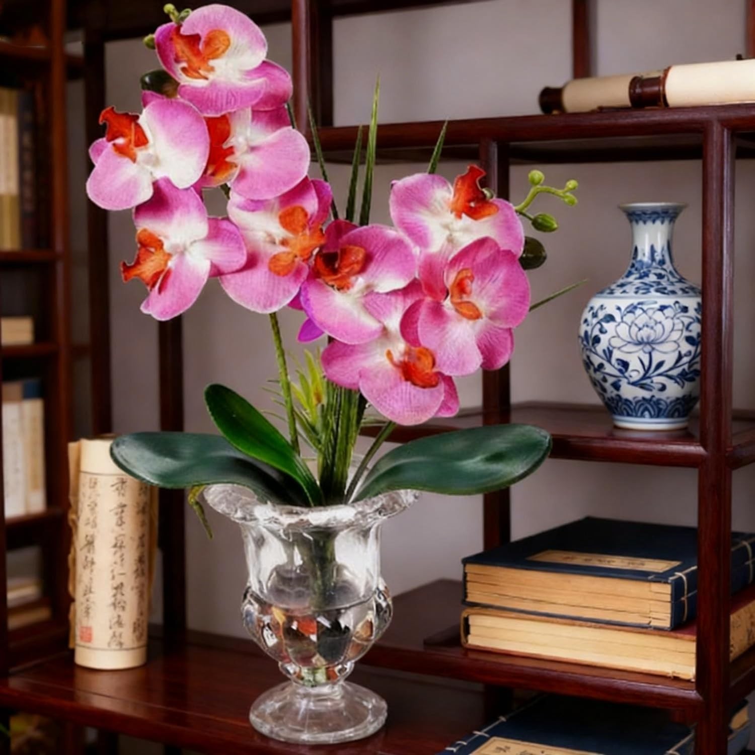 Artificial Purple Orchid Centerpiece, 14.5 Inch Phalaenopsis in Glass Vase wi…